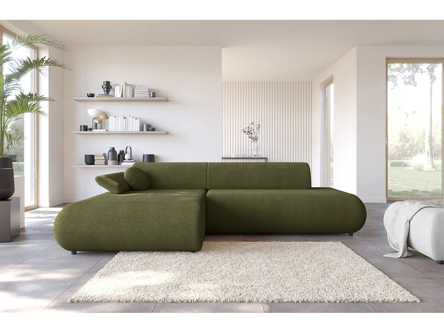 Canapé d'angle convertible – Chenille – angle à gauche – Vert olive – ARMONE