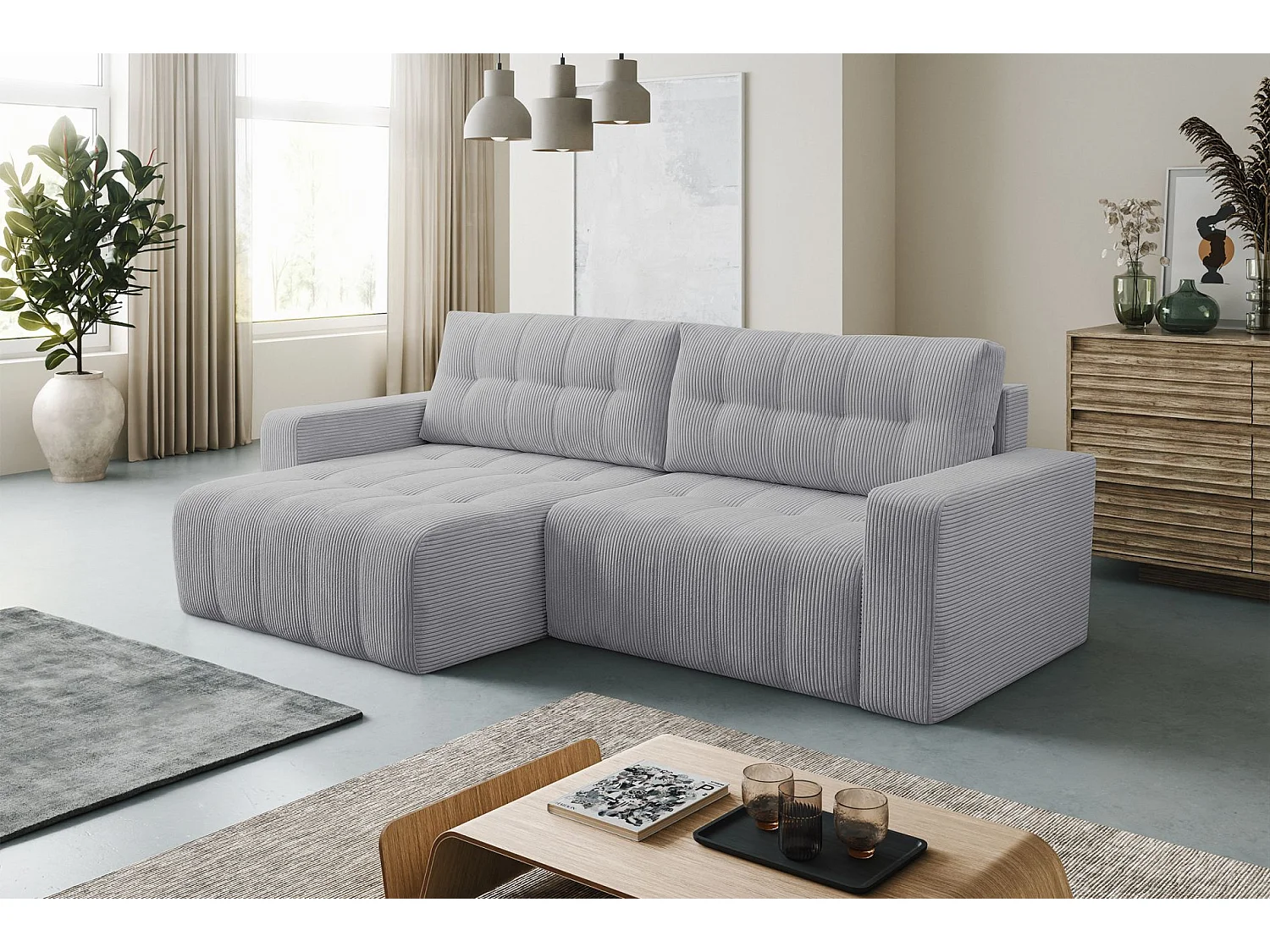Ecksofa mit Schlaffunktion & Bettkasten – Cord – Universal – Hellgrau – MAILLO