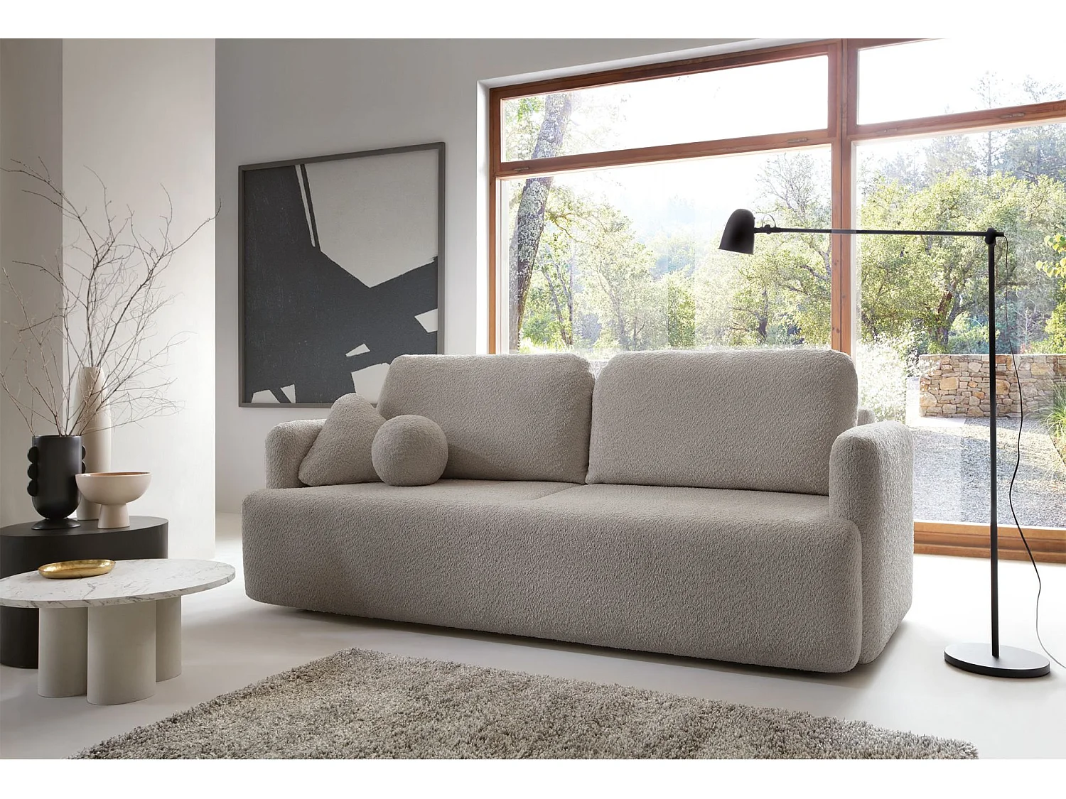 Canapé 3 places convertible avec coffre – Bouclé – Beige foncé – LAMBINA