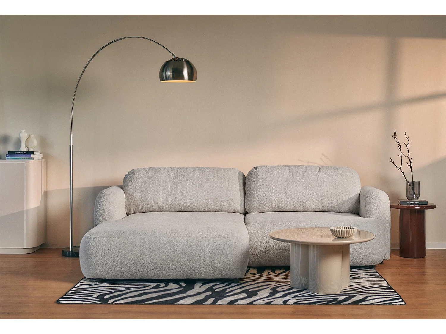 Ecksofa mit Schlaffunktion – Ottomane links – Bouclé Hellgrau – TVOYA