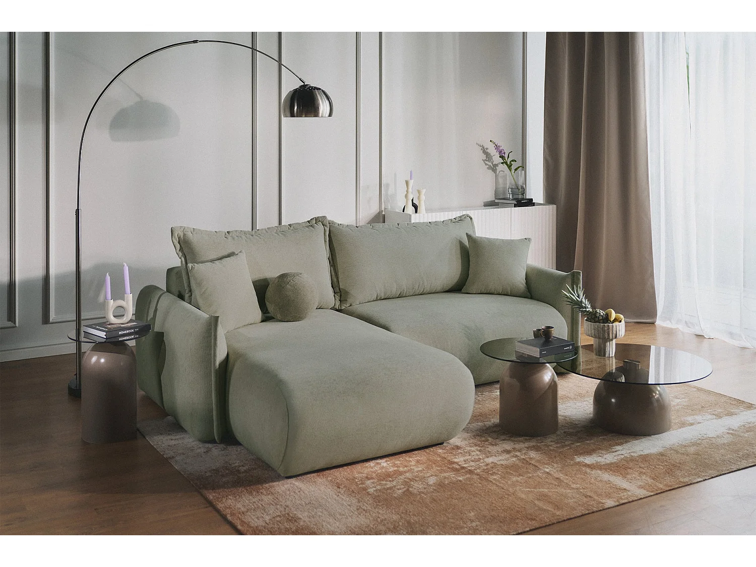 Canapé d'angle convertible – Angle à gauche – chenille vert sauge – CUSHI