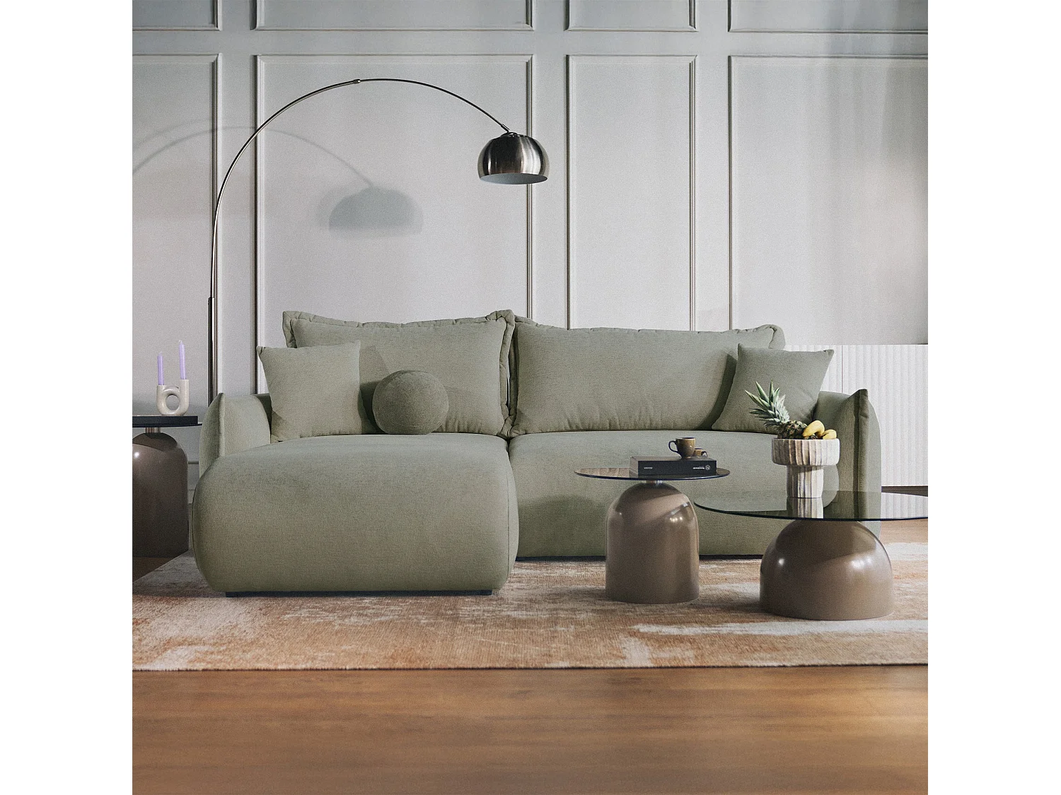 Canapé d'angle convertible – Angle à gauche – chenille vert sauge – CUSHI