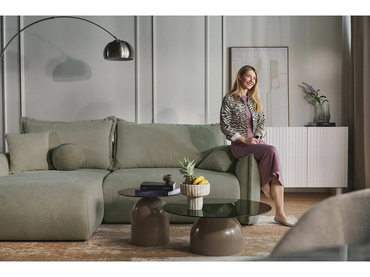 Canapé d'angle convertible – Angle à gauche – chenille vert sauge – CUSHI