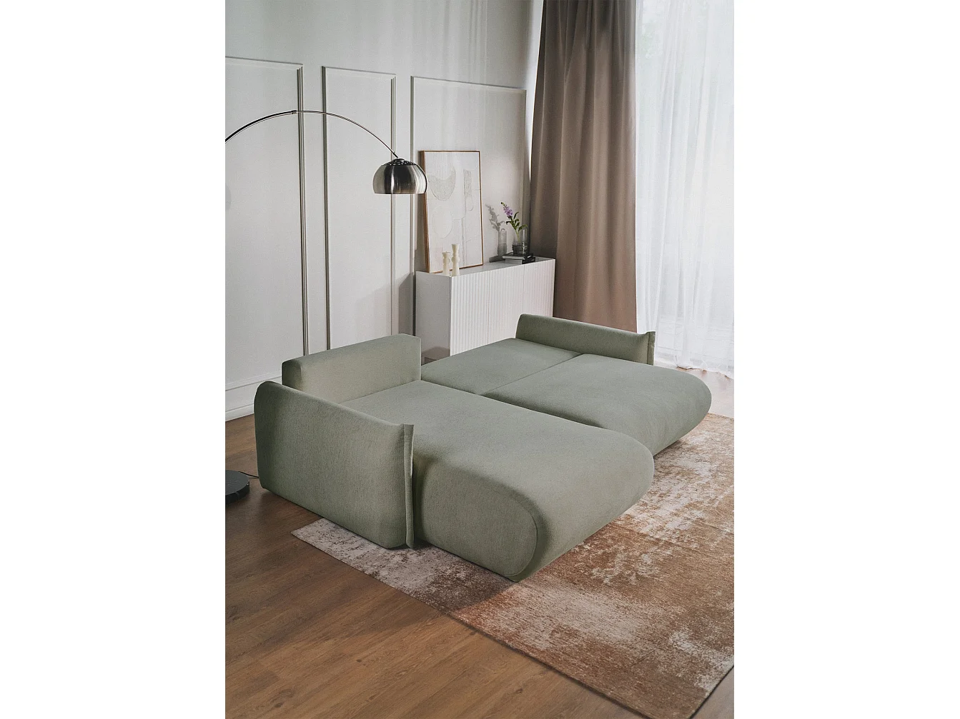 Canapé d'angle convertible – Angle à gauche – chenille vert sauge – CUSHI