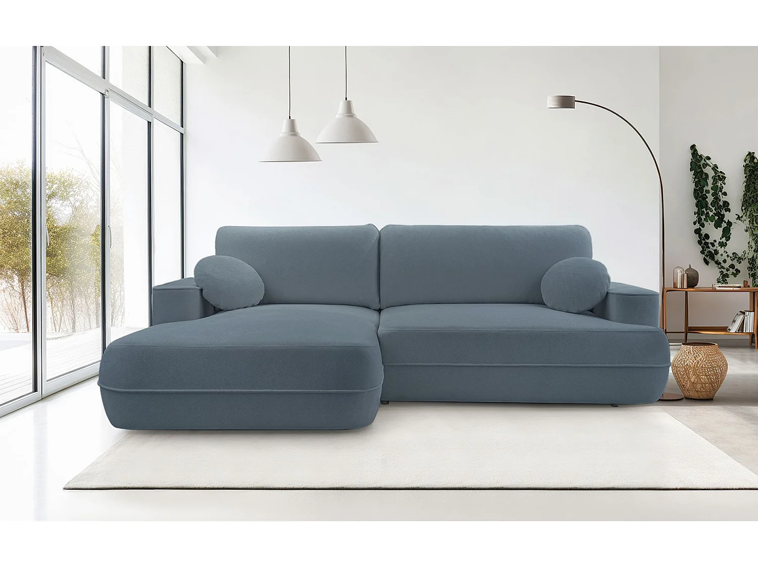 Ecksofa mit Schlaffunktion – Bettkasten – Ottomane links,Strukturstoff wasserabweisend – Hellblau – FUERRO