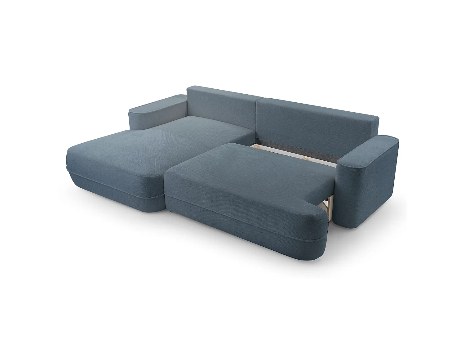 Ecksofa mit Schlaffunktion – Bettkasten – Ottomane links,Strukturstoff wasserabweisend – Hellblau – FUERRO