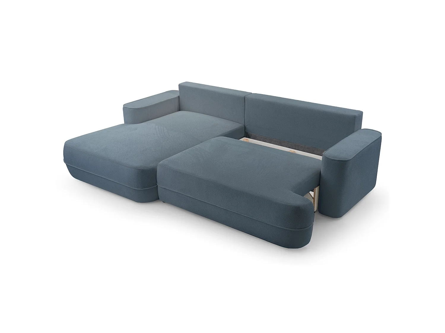 Ecksofa mit Schlaffunktion – Bettkasten – Ottomane links,Strukturstoff wasserabweisend – Hellblau – FUERRO