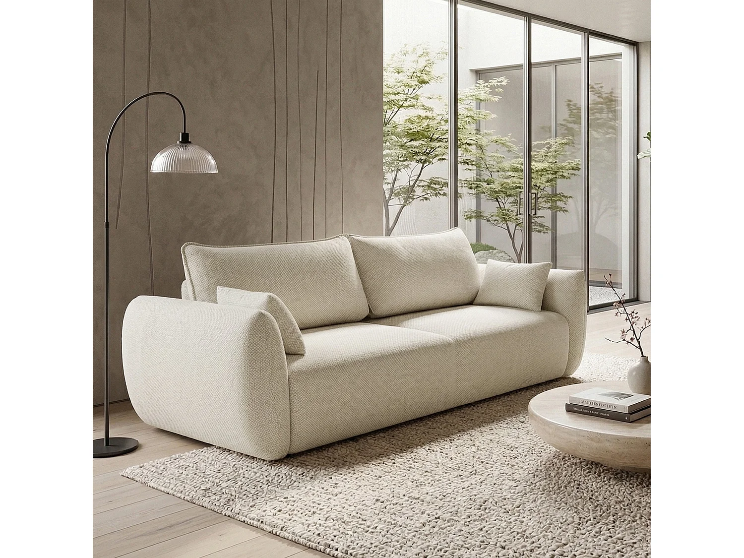 Canapé 3 places convertible avec coffre – tissu chenille – beige clair – ZORDO