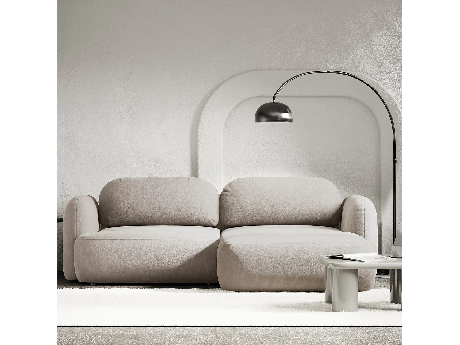 Ecksofa mit Schlaffunktion – Ottomane rechts – hellbeige Chenille – TVOYA