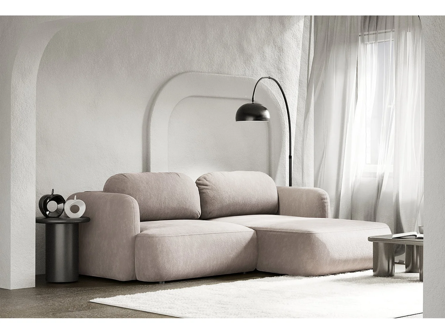Ecksofa mit Schlaffunktion – Ottomane rechts – hellbeige Chenille – TVOYA