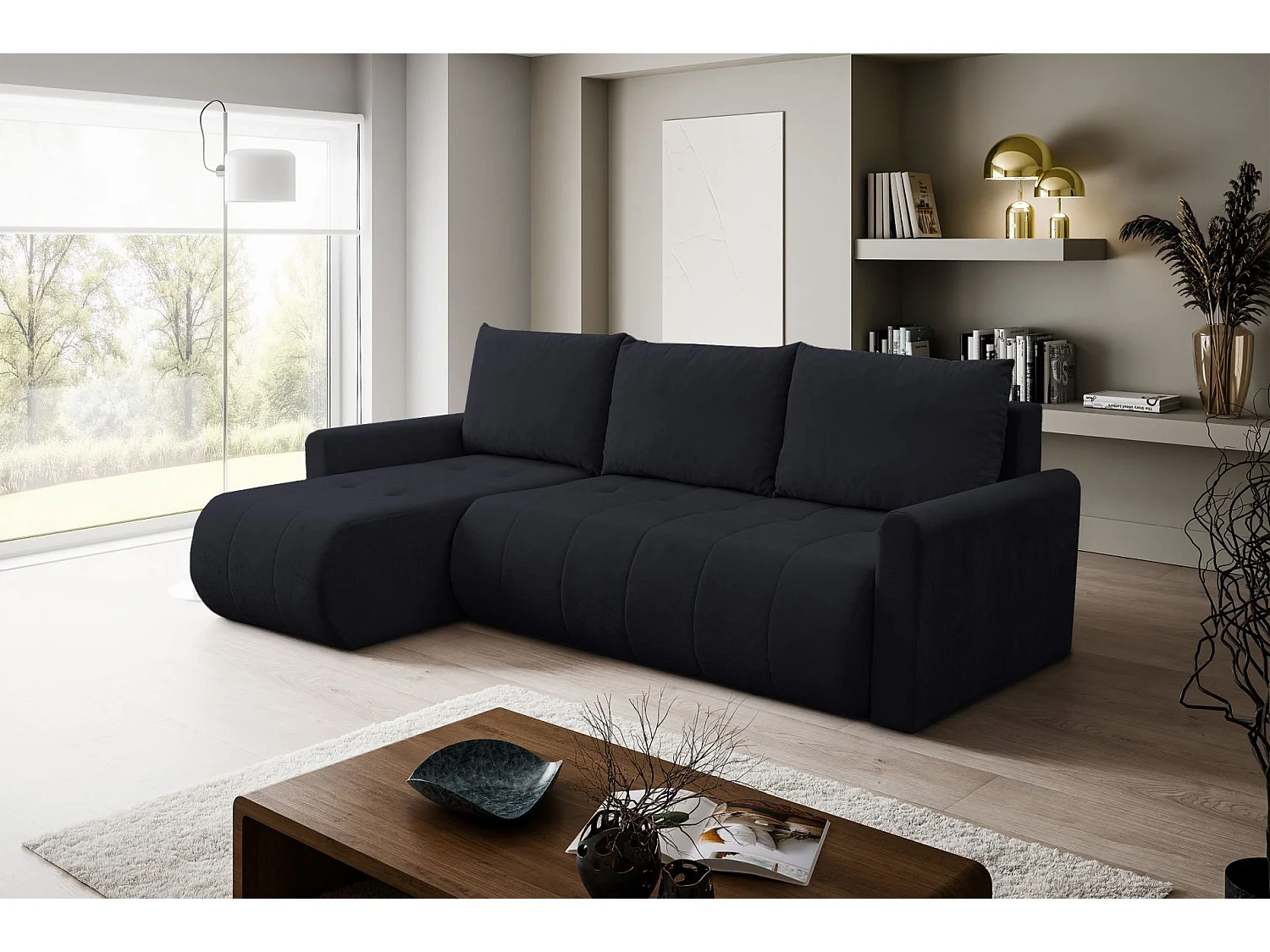 Ecksofa mit Schlaffunktion & Bettkasten – Chenille – Universal – Graphit – TIMMONE
