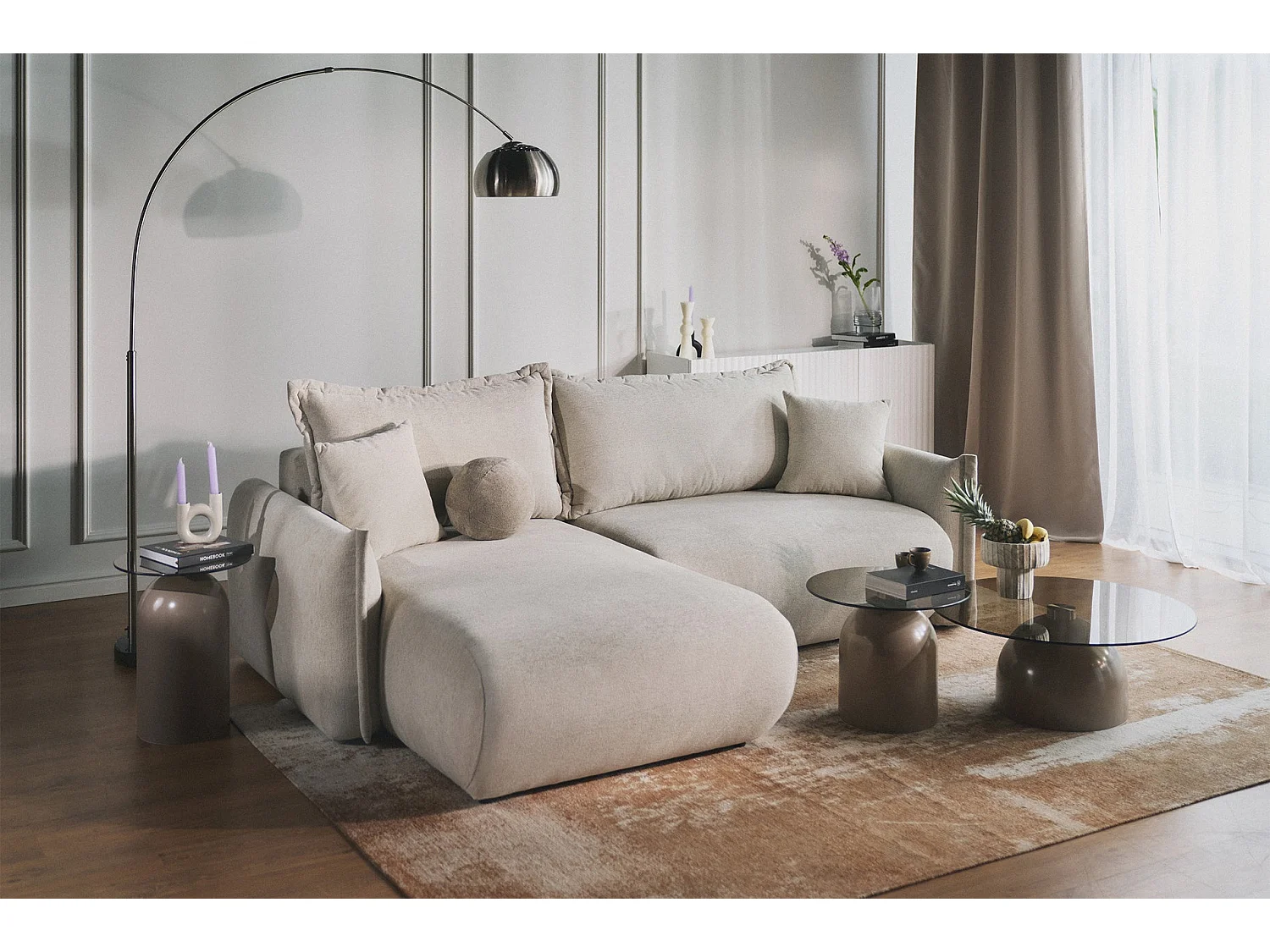 Canapé d'angle convertible – Angle à gauche – chenille beige clair – CUSHI