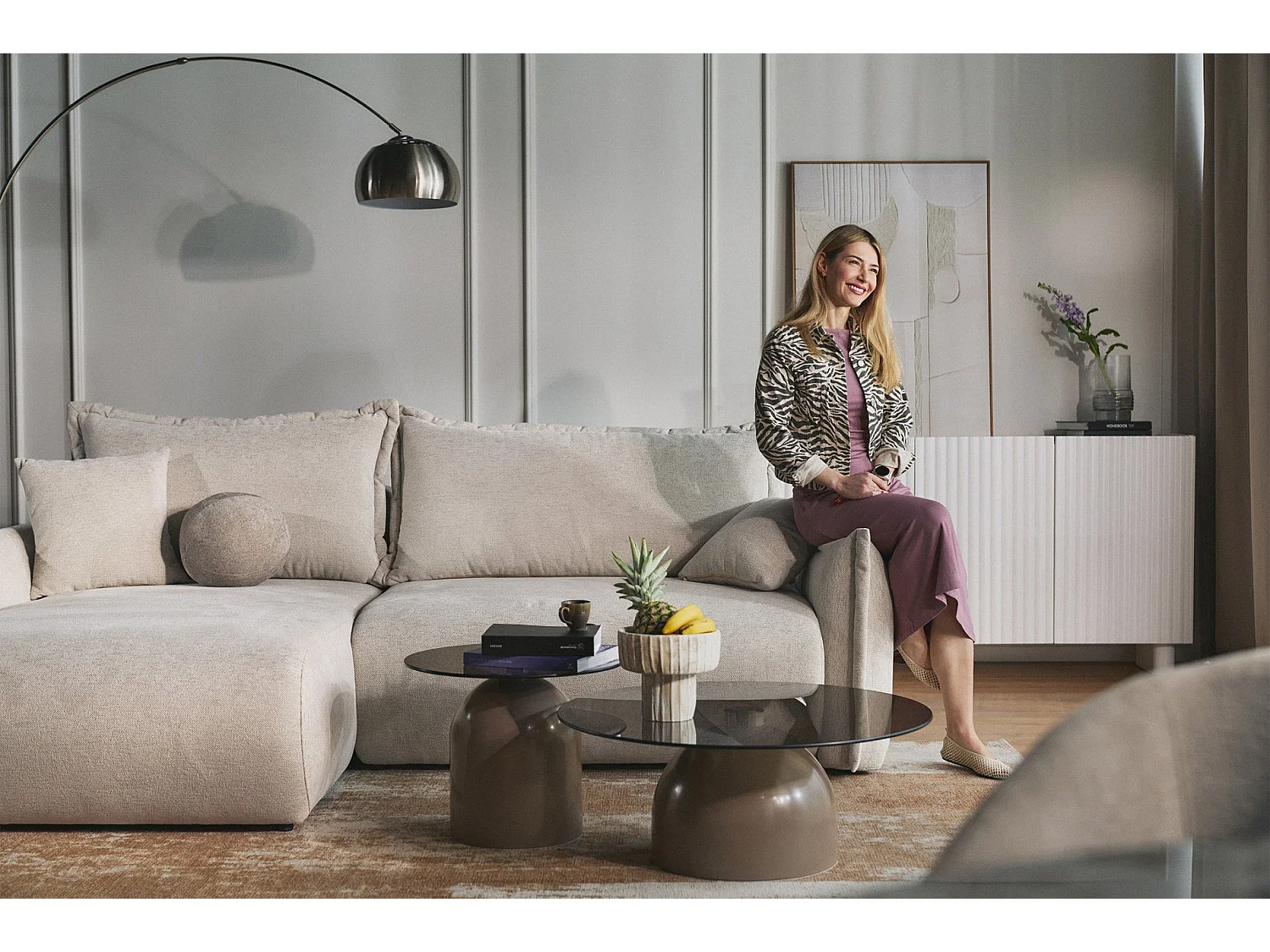 Canapé d'angle convertible – Angle à gauche – chenille beige clair – CUSHI