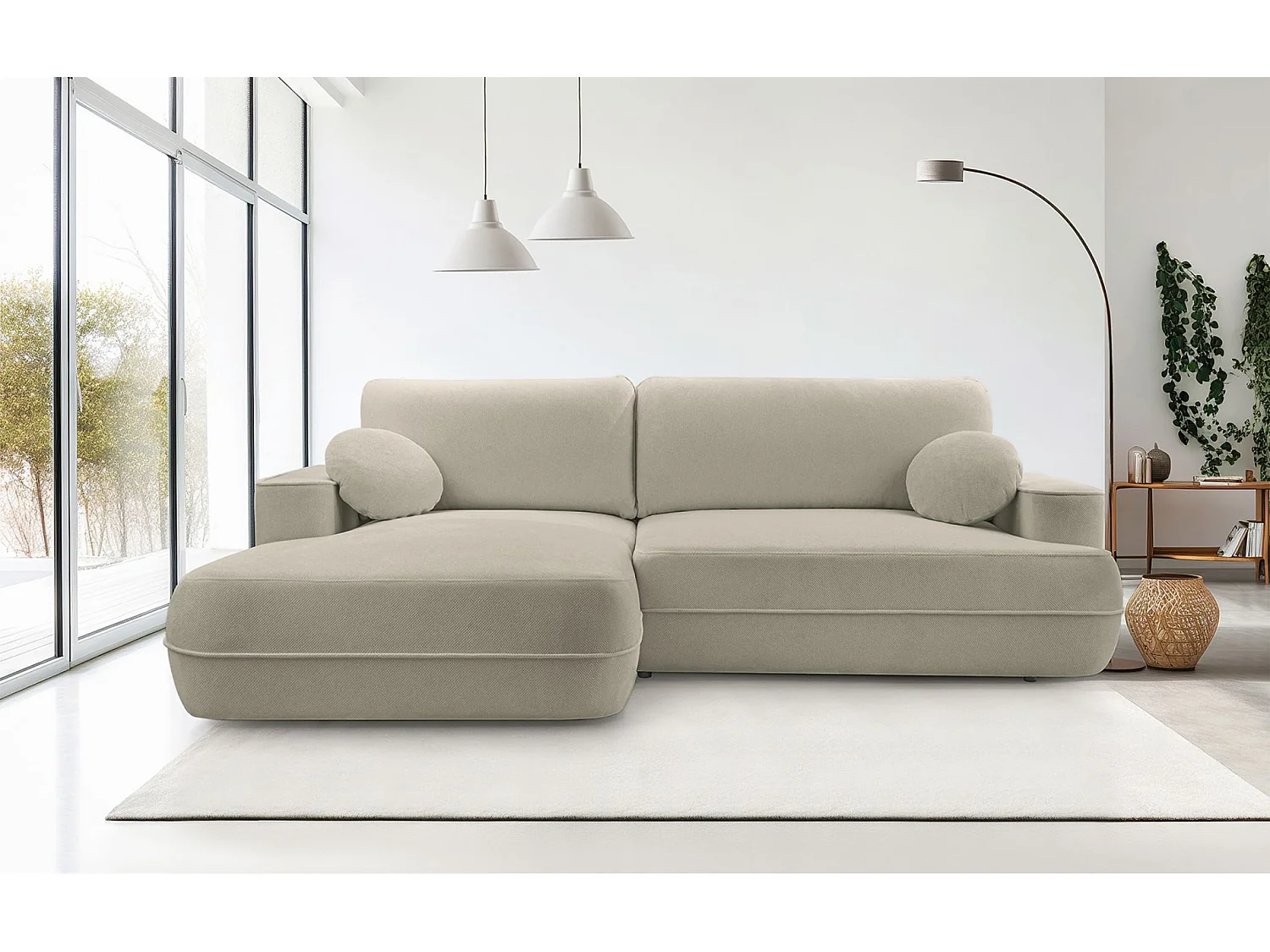 Ecksofa mit Schlaffunktion – Bettkasten – Ottomane links,Strukturstoff wasserabweisend – Hellbraun – FUERRO