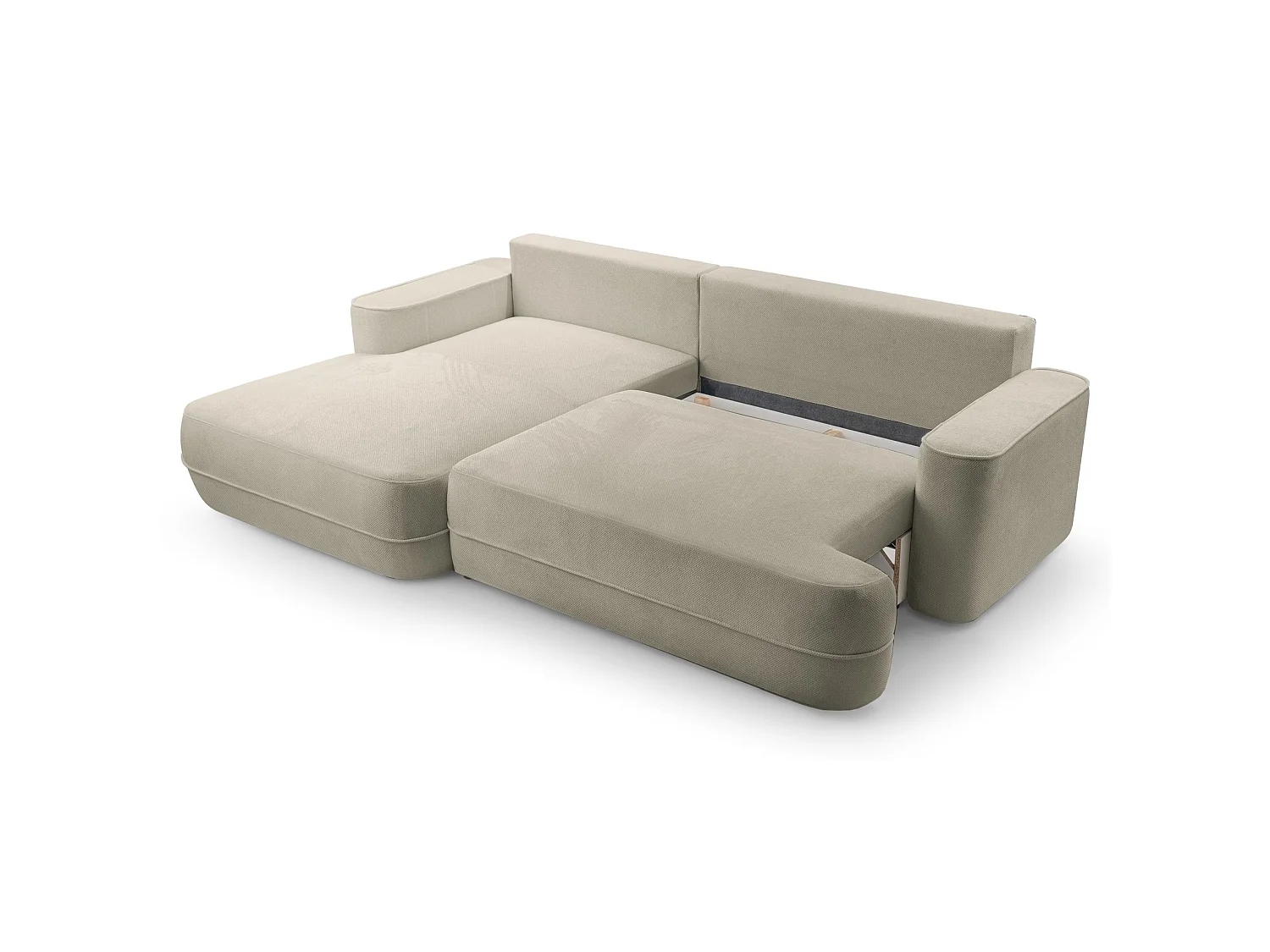Ecksofa mit Schlaffunktion – Bettkasten – Ottomane links,Strukturstoff wasserabweisend – Hellbraun – FUERRO