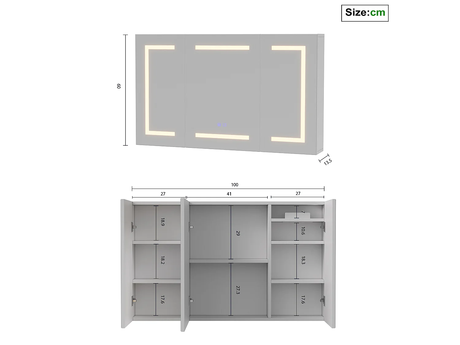Armoire de salle de bain avec miroir, éclairage LED, 100x13.5x60cm, Espace de Rangement, anti-buée
