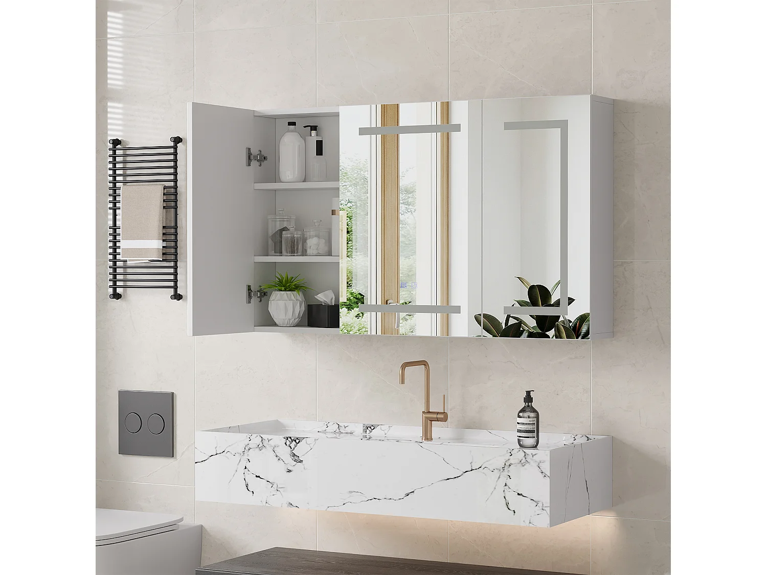 Armoire de salle de bain avec miroir, éclairage LED, 100x13.5x60cm, Espace de Rangement, anti-buée