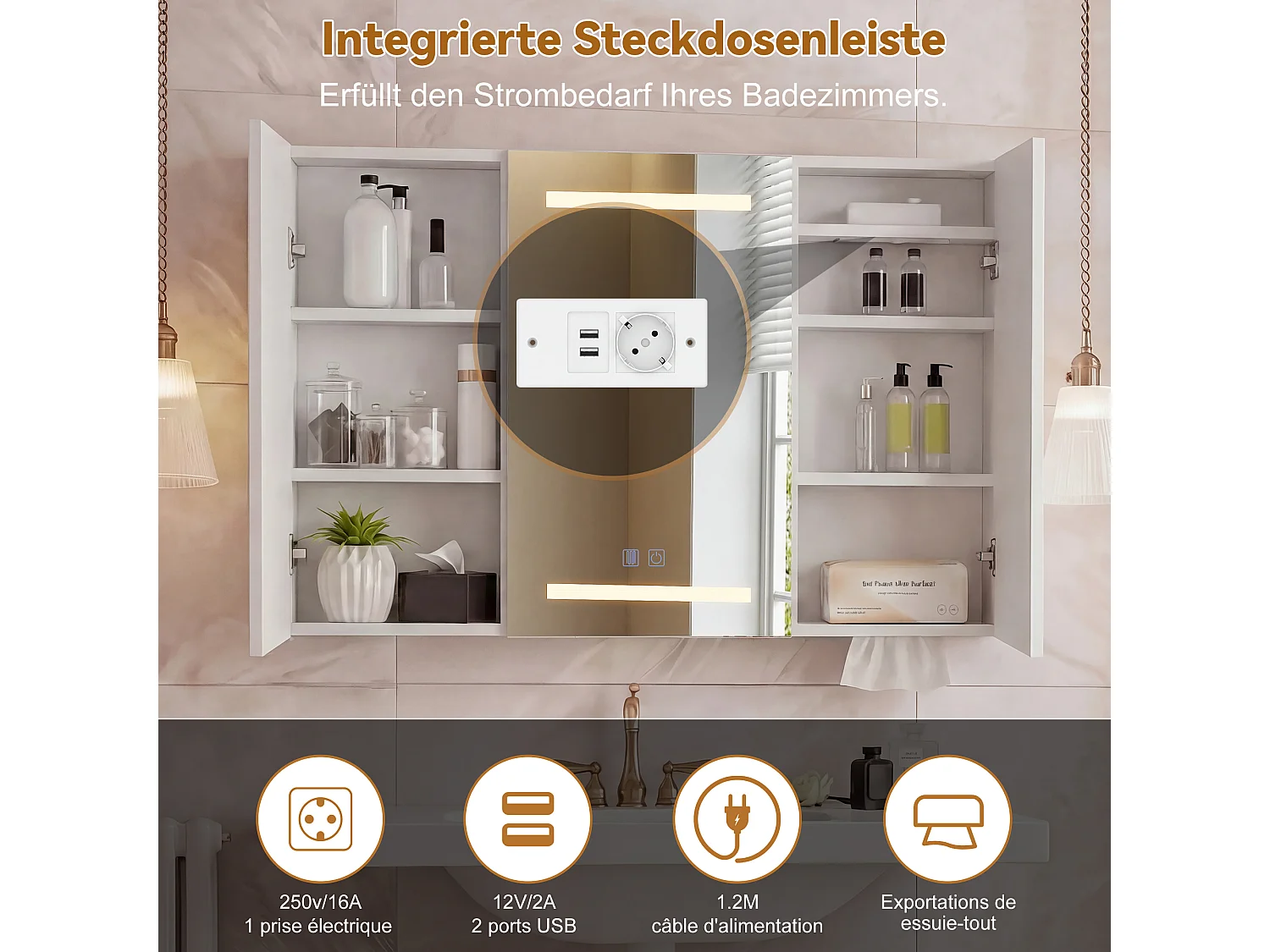 Armoire de salle de bain avec miroir, éclairage LED, 100x13.5x60cm, Espace de Rangement, anti-buée