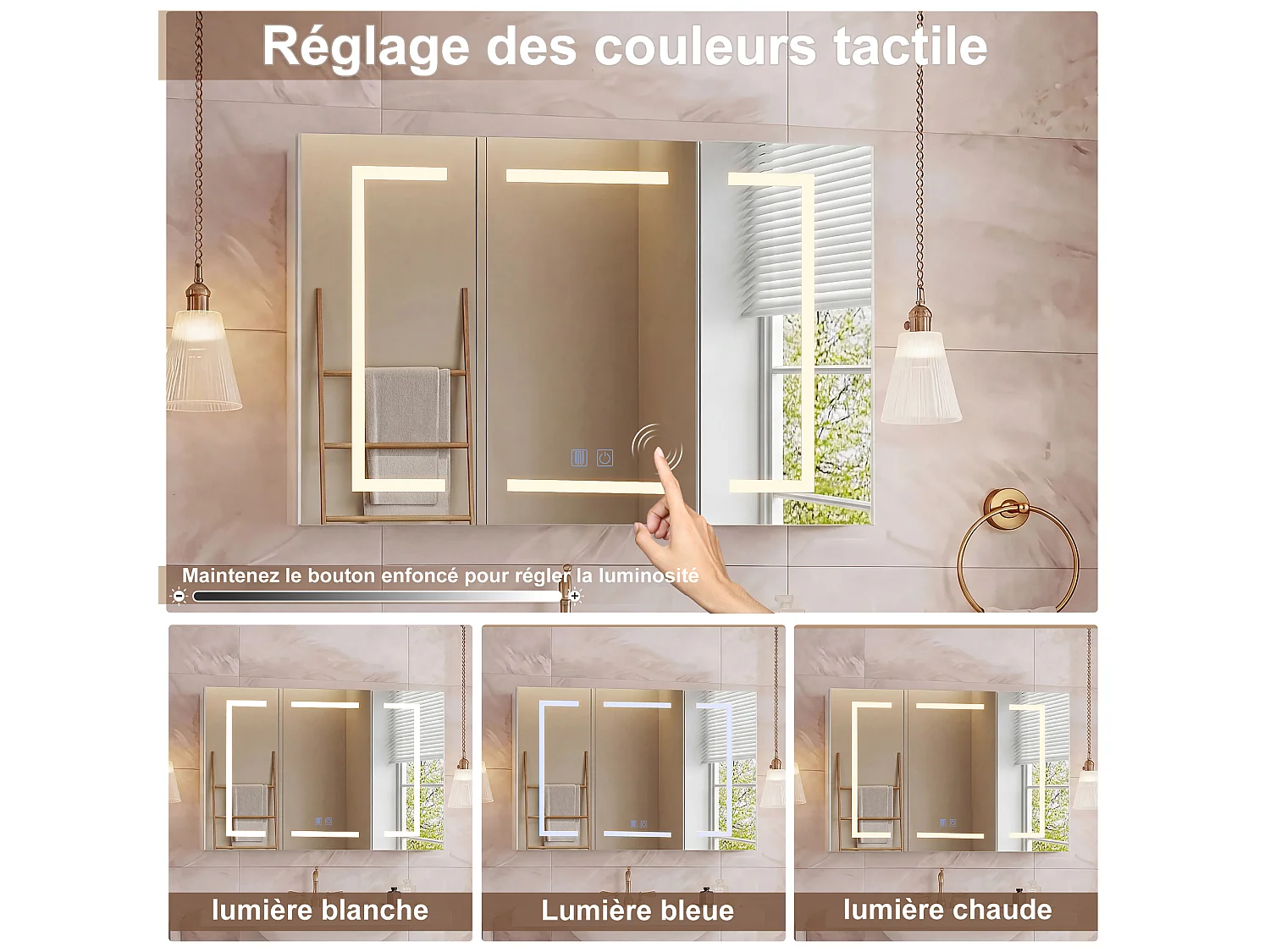 Armoire de salle de bain avec miroir, éclairage LED, 100x13.5x60cm, Espace de Rangement, anti-buée