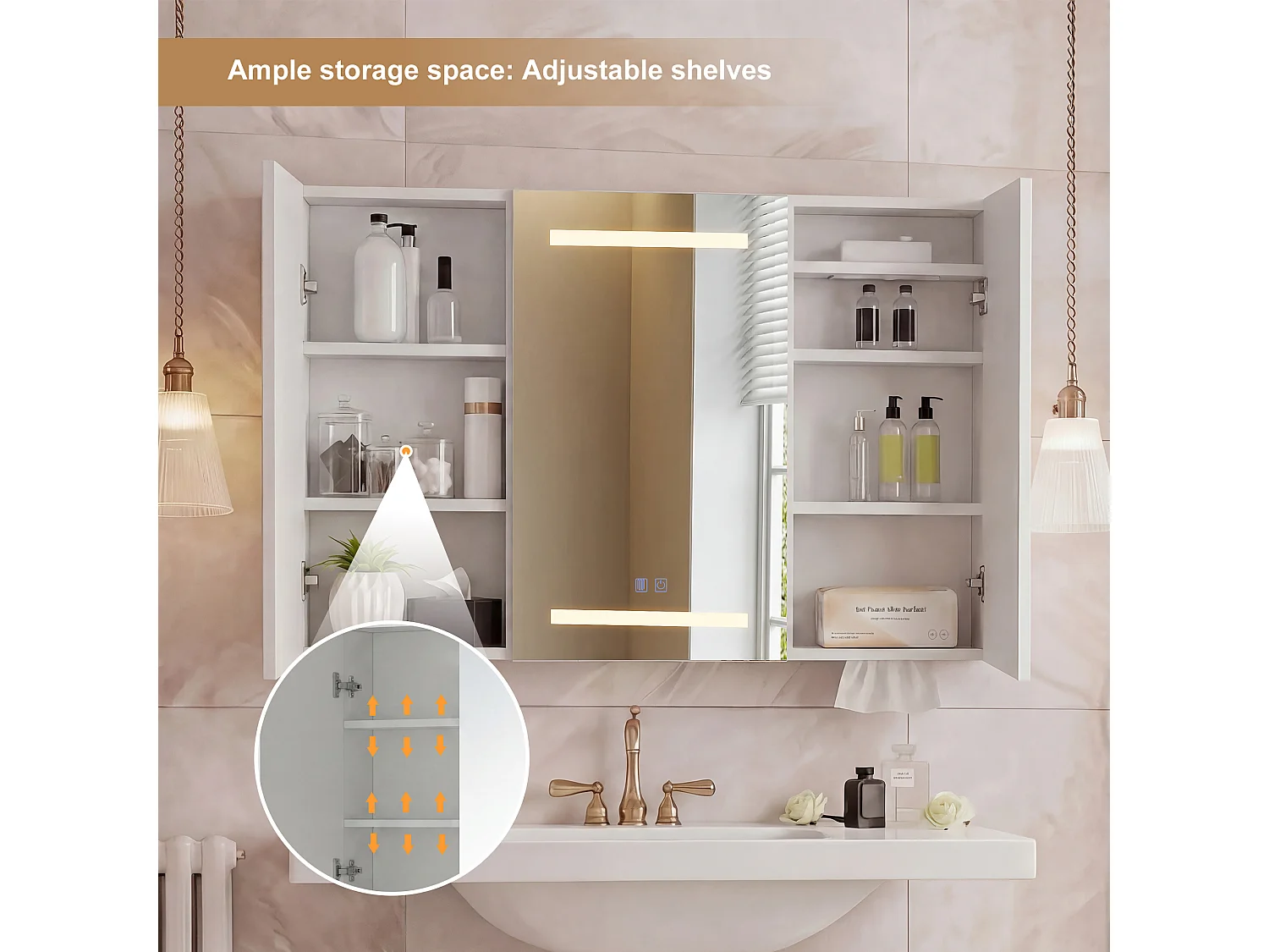 Armoire de salle de bain avec miroir, éclairage LED, 100x13.5x60cm, Espace de Rangement, anti-buée