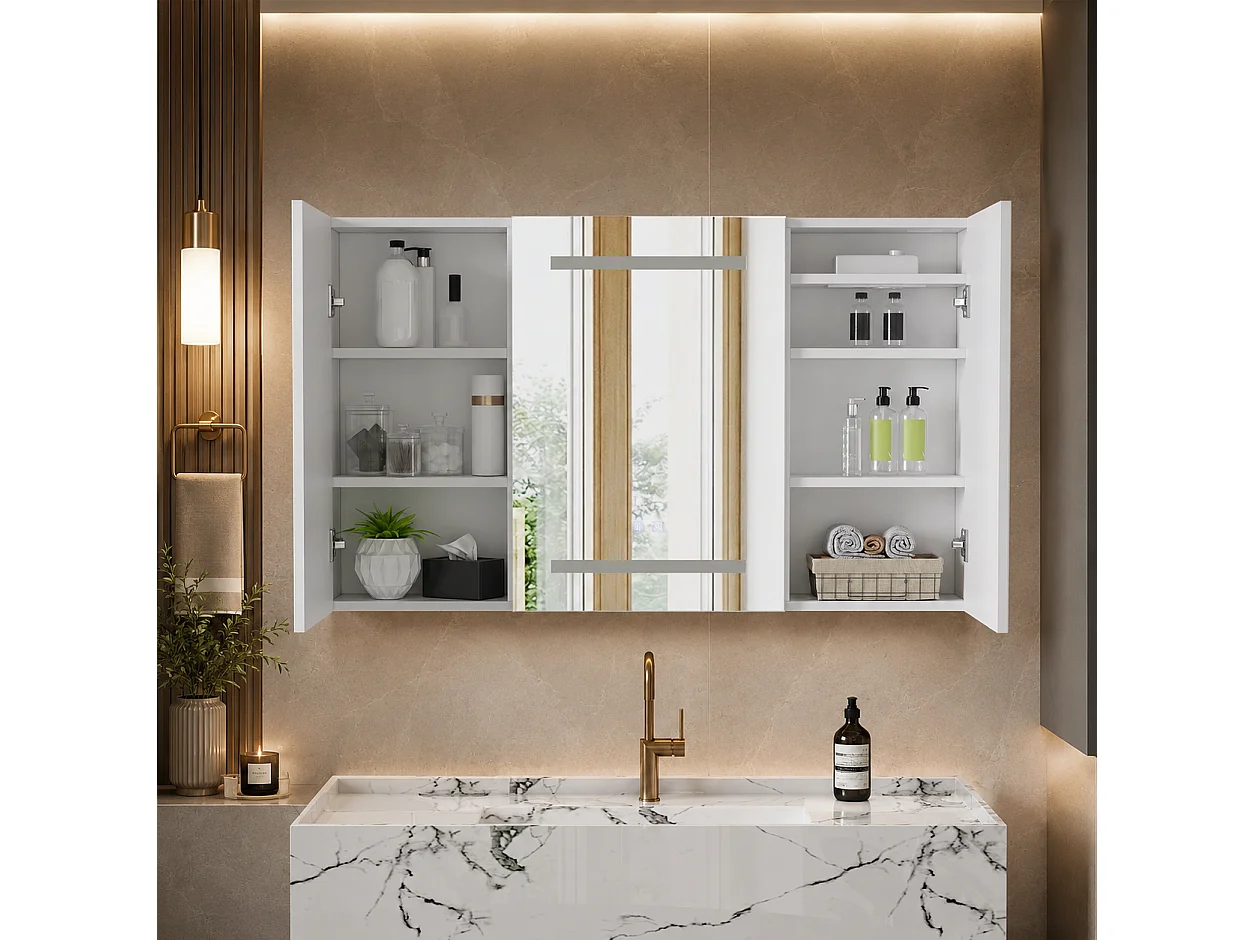 Armoire de salle de bain avec miroir, éclairage LED, 100x13.5x60cm, Espace de Rangement, anti-buée