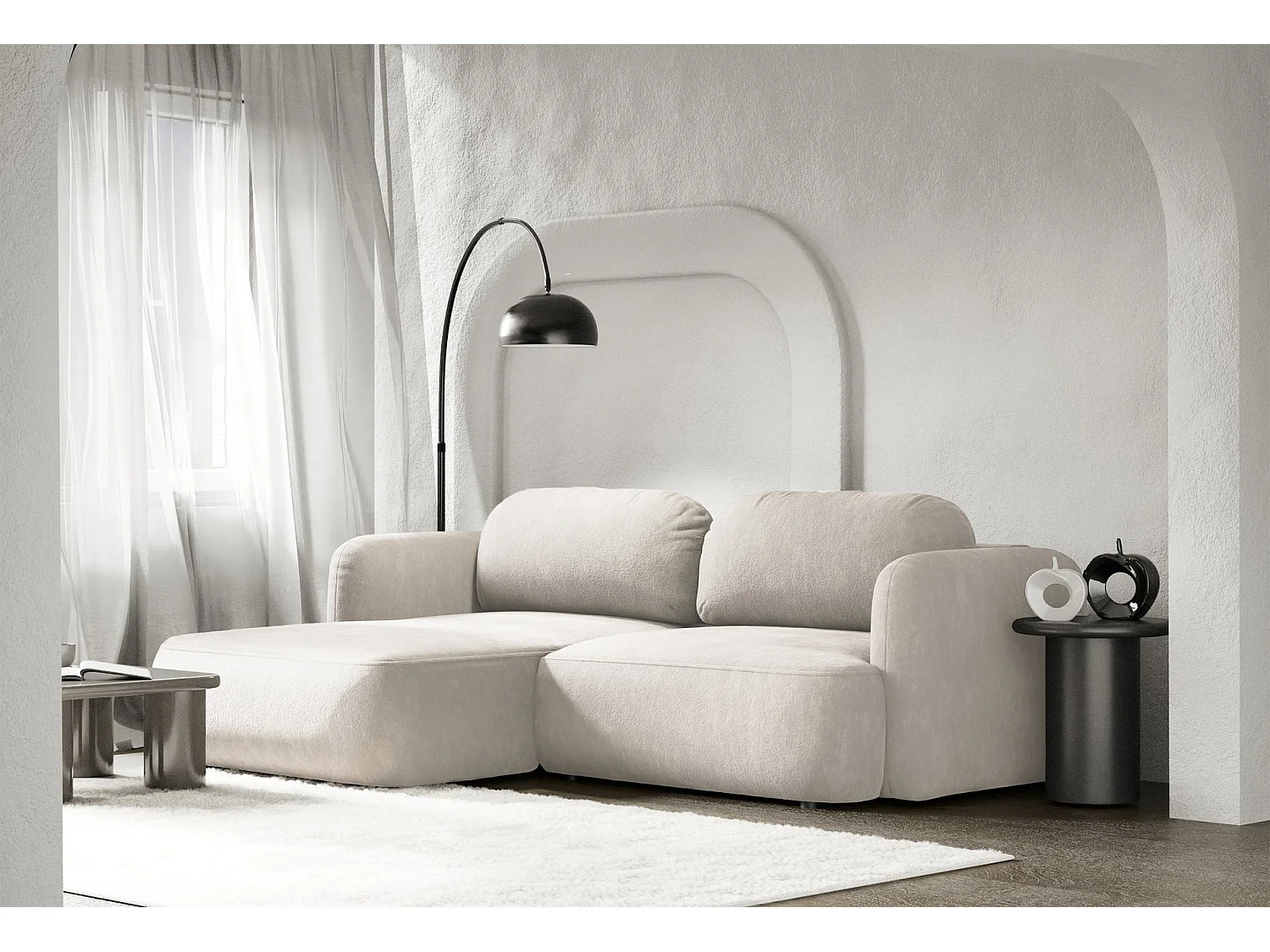 Ecksofa mit Schlaffunktion – Ottomane links – Creme-Chenille – TVOYA