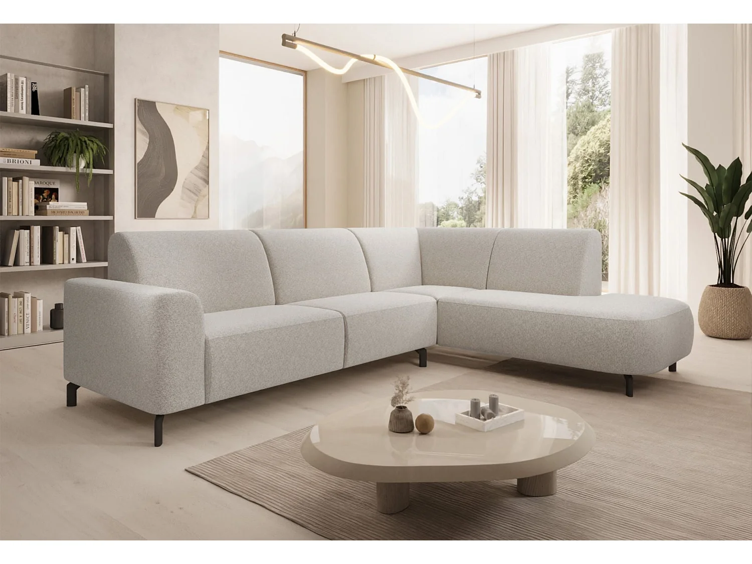 Canapé d'angle droit 4 places en tissu crème LUNUNA