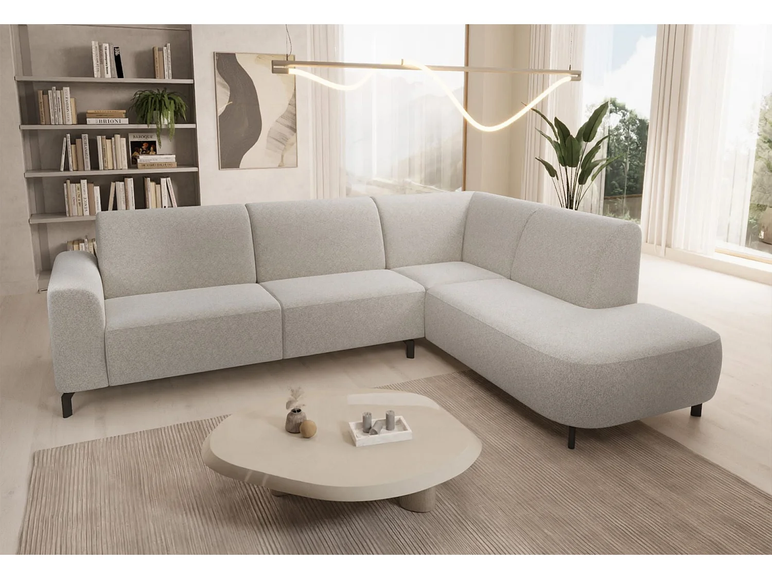 Canapé d'angle droit 4 places en tissu crème LUNUNA
