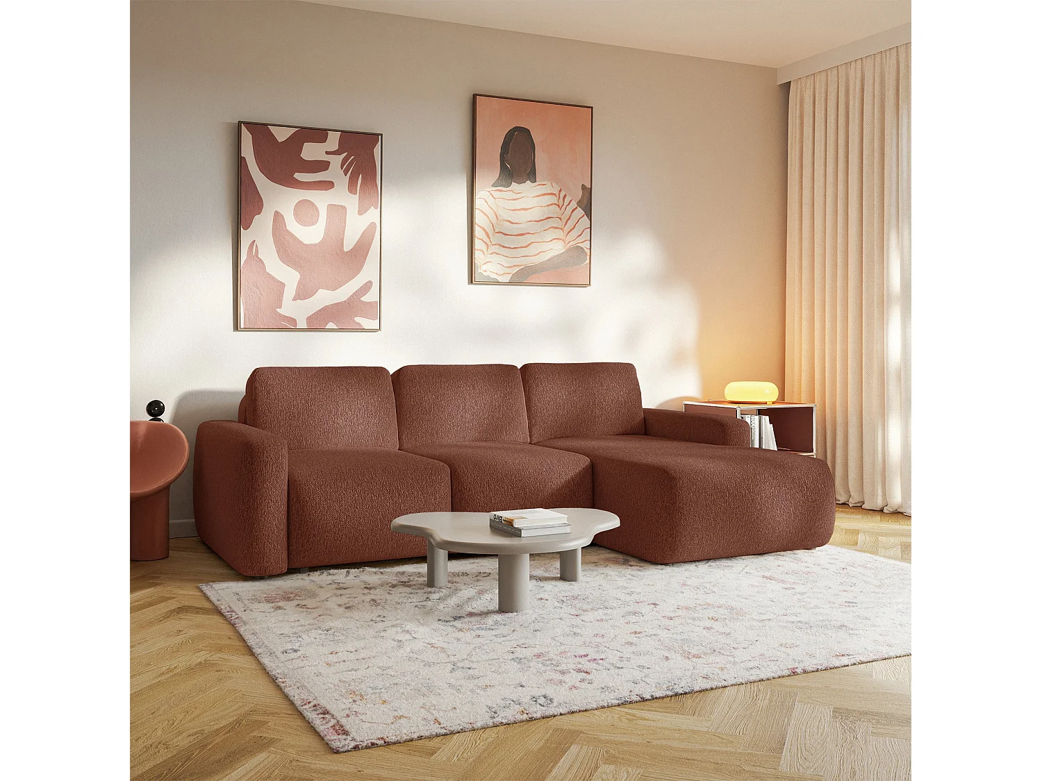Canapé d'angle convertible – Angle à droite – Chenille Cuivre – CARNOS MINI