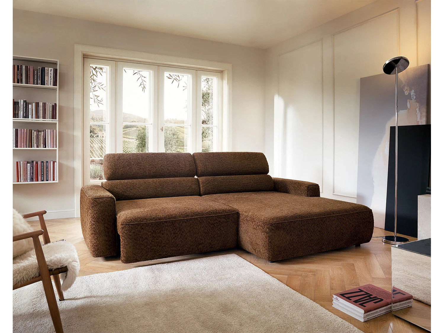 Canapé d’angle avec assise électrique – angle droit – Marron – Chenille – FANDO