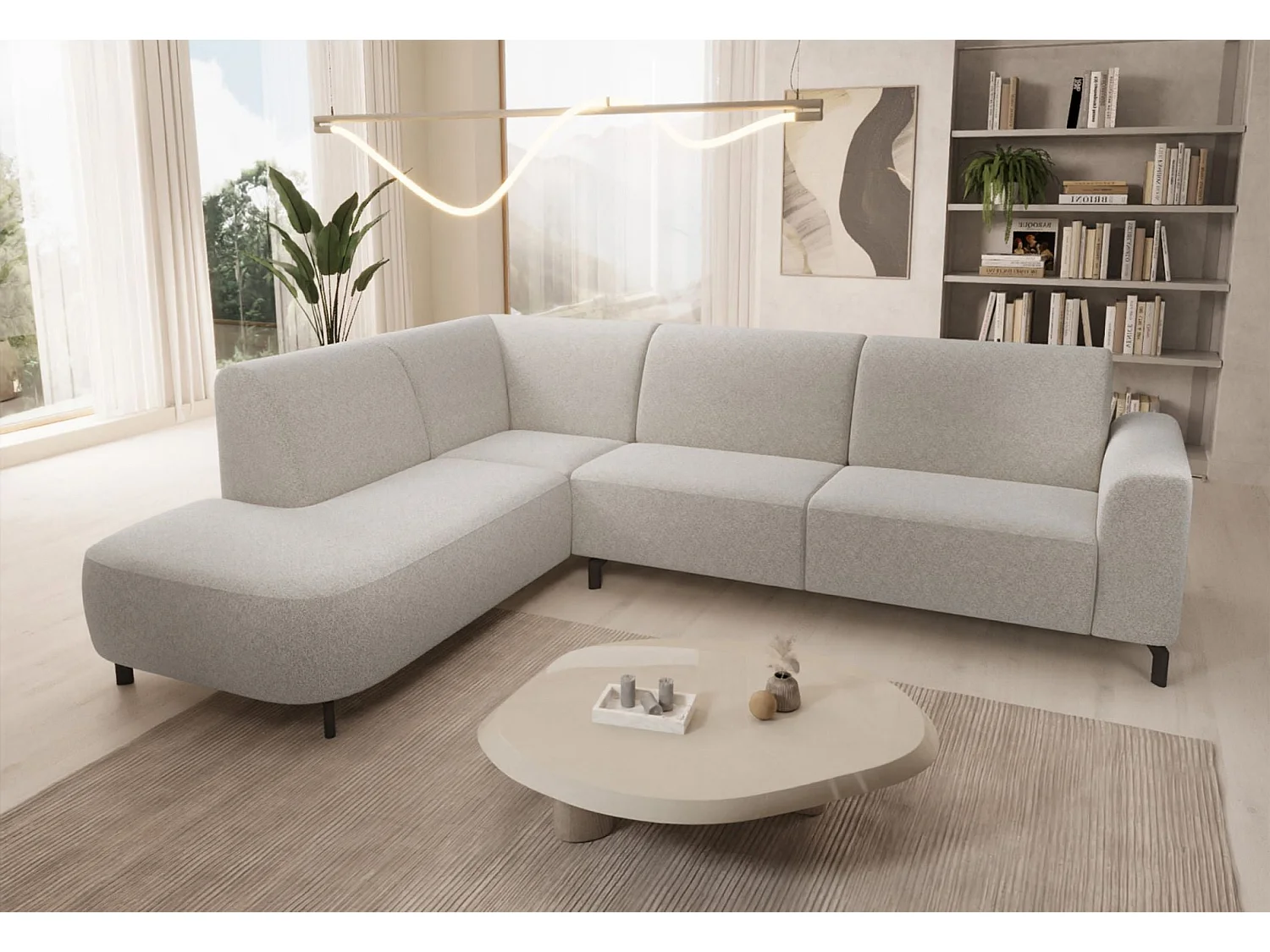 Canapé d'angle gauche 4 places en tissu crème LUNUNA