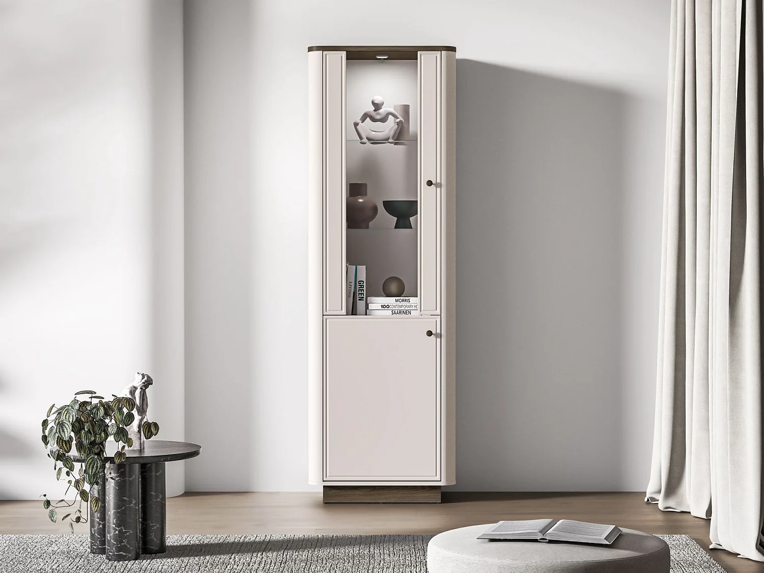 Vitrine haute – 2 portes & LED – Gris cachemire/aspect chêne foncé – 65 cm – VILAVIO