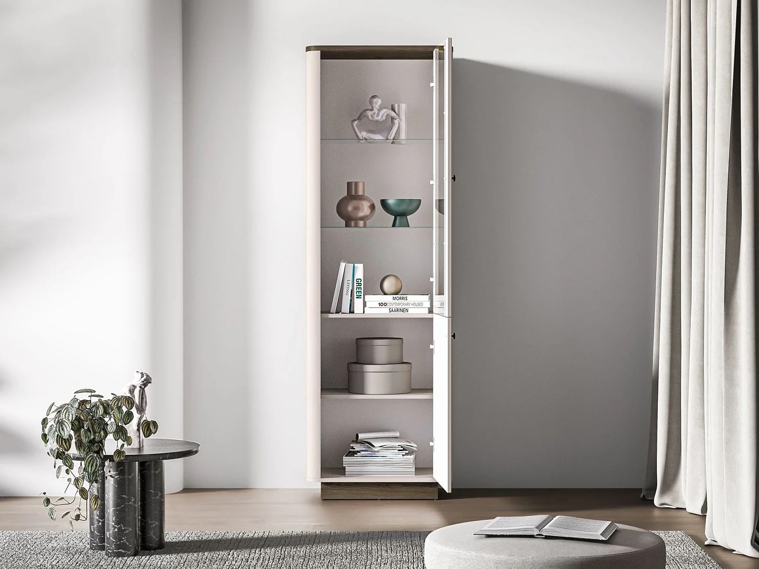 Vitrine haute – 2 portes & LED – Gris cachemire/aspect chêne foncé – 65 cm – VILAVIO