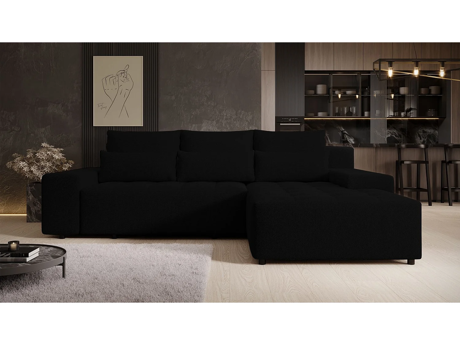 Ecksofa mit Schlaffunktion & Bettkasten – Chenille wasserabweisend – Universal – Schwarz – NELURO