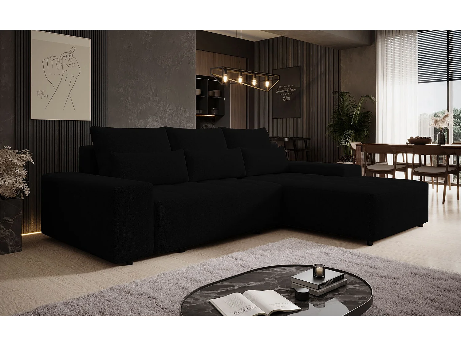 Ecksofa mit Schlaffunktion & Bettkasten – Chenille wasserabweisend – Universal – Schwarz – NELURO