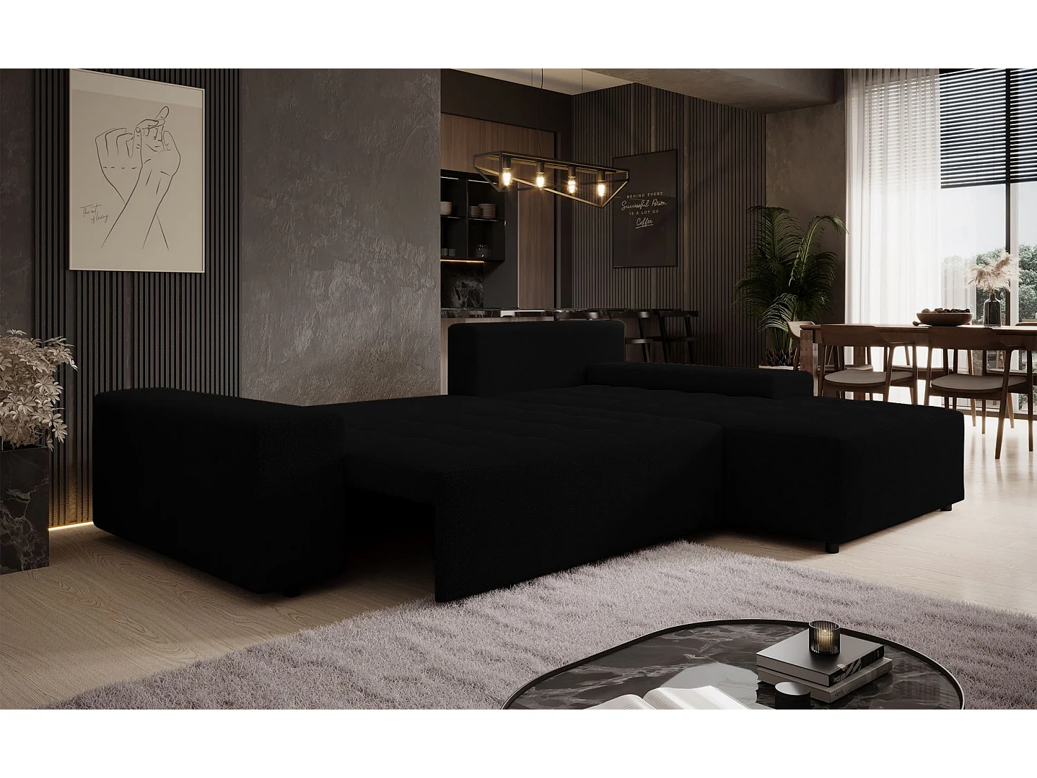 Ecksofa mit Schlaffunktion & Bettkasten – Chenille wasserabweisend – Universal – Schwarz – NELURO