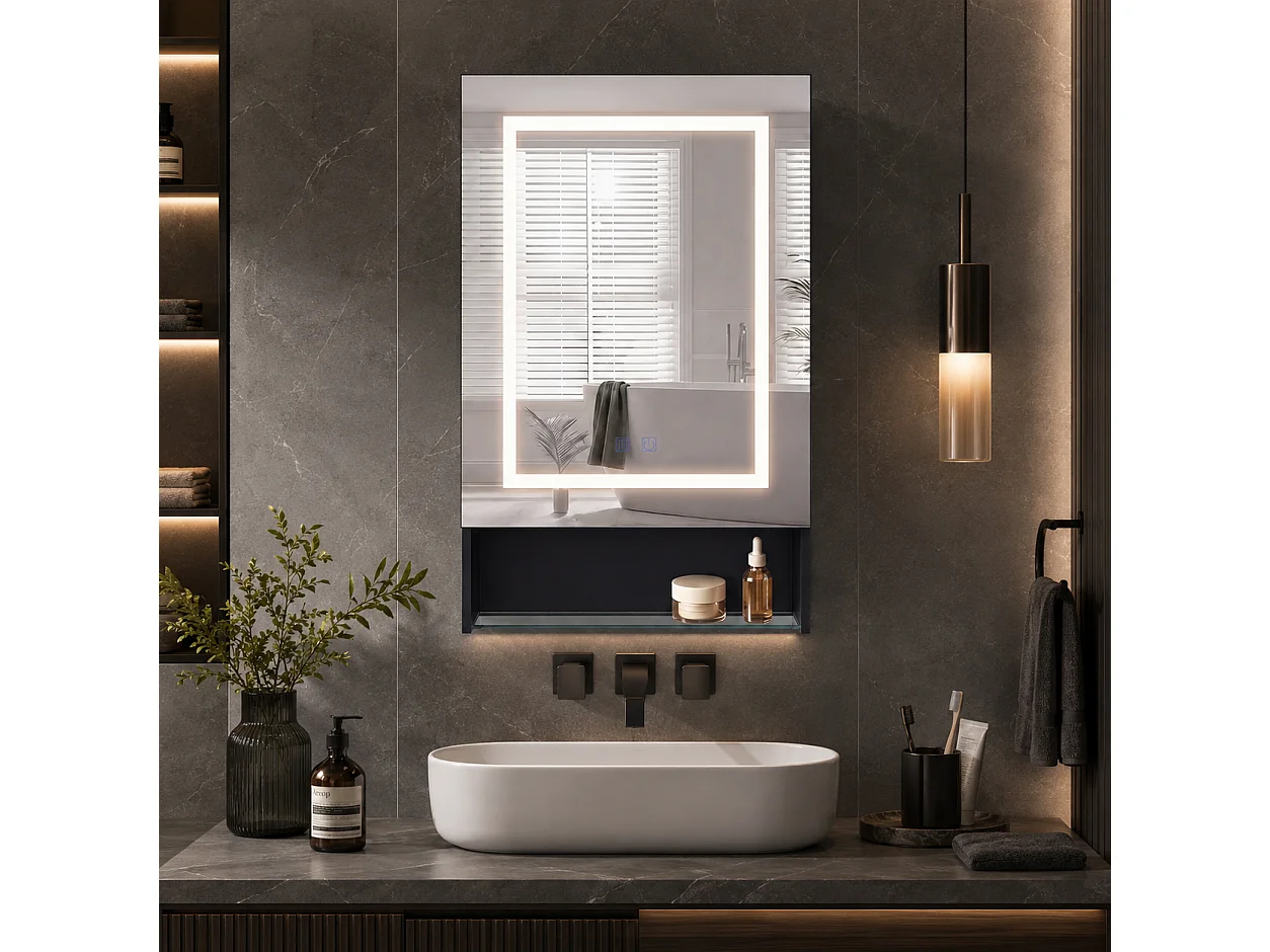 Armoire de Salle de Bain avec Miroir et LED 1 Porte, Étagères Ouvertes, 50x88x16 cm, Noir