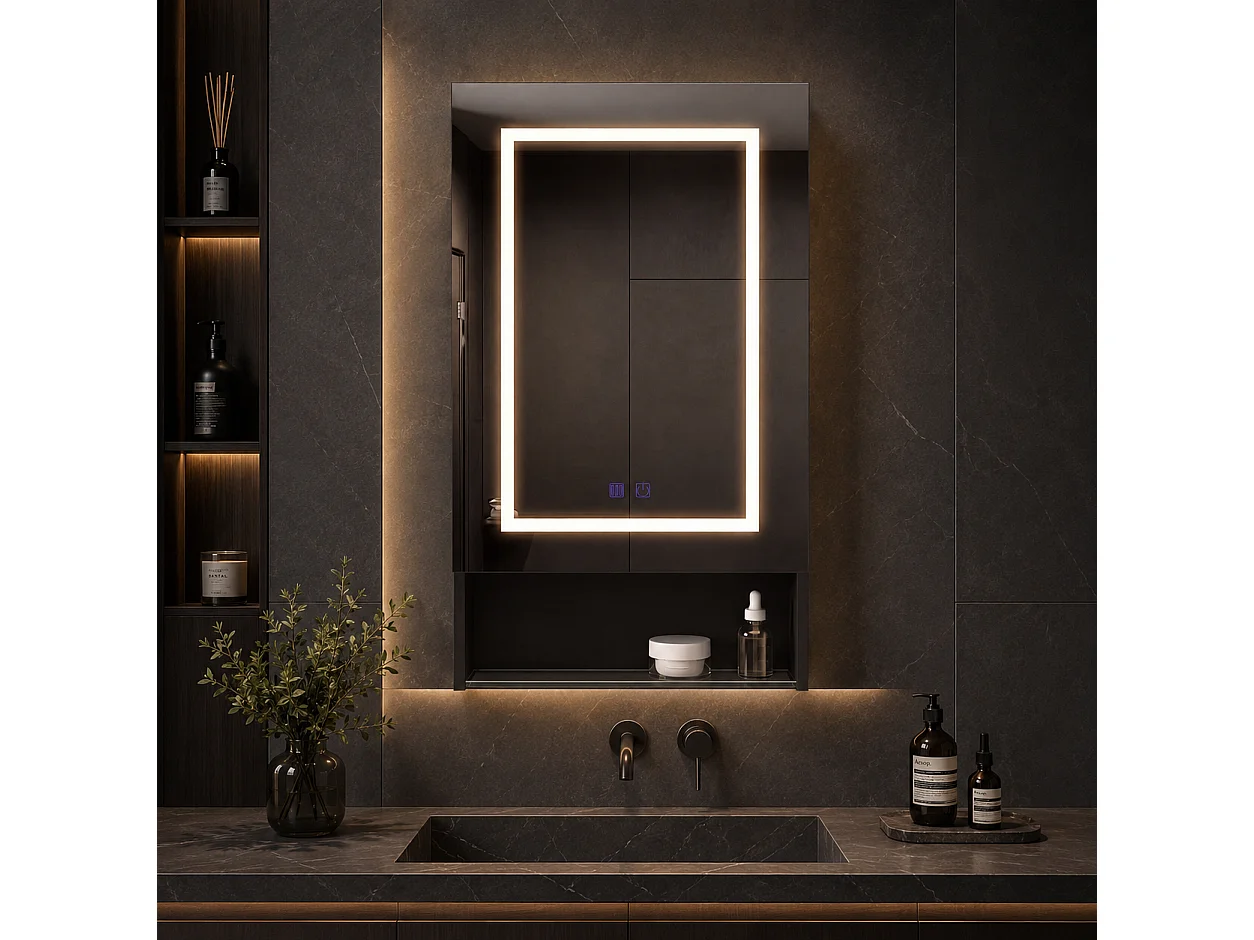 Armoire de Salle de Bain avec Miroir et LED 1 Porte, Étagères Ouvertes, 50x88x16 cm, Noir