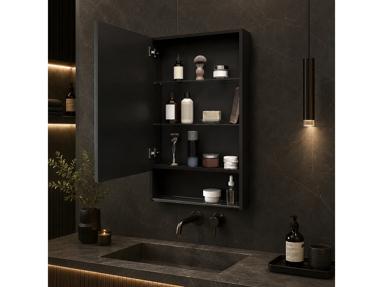 Armoire de Salle de Bain avec Miroir et LED 1 Porte, Étagères Ouvertes, 50x88x16 cm, Noir