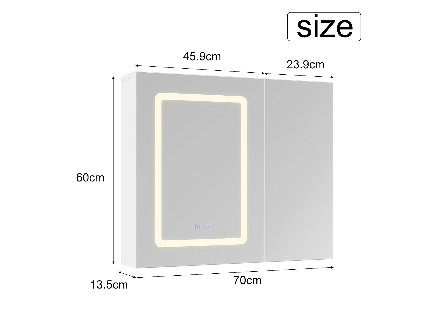 Armoire de Salle de Bain avec Miroir, 2 Porte et LED,  Anti-buée, 3 Étagère réglable, 70x60x13.5cm