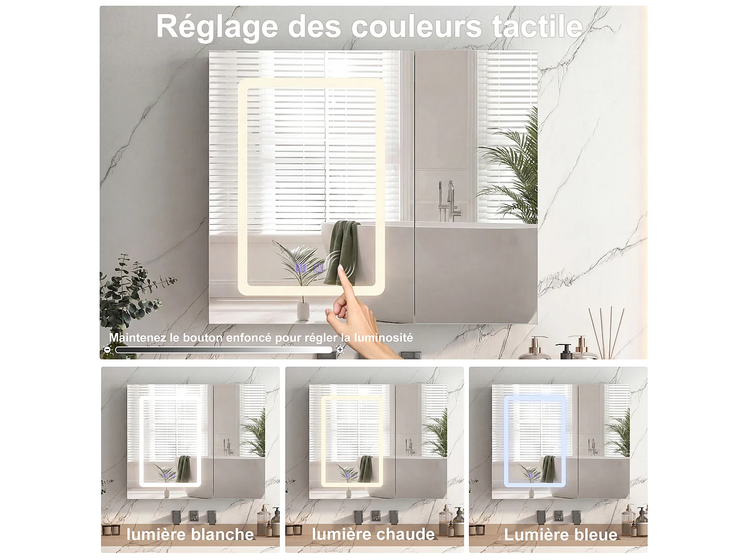 Armoire de Salle de Bain avec Miroir, 2 Porte et LED,  Anti-buée, 3 Étagère réglable, 70x60x13.5cm