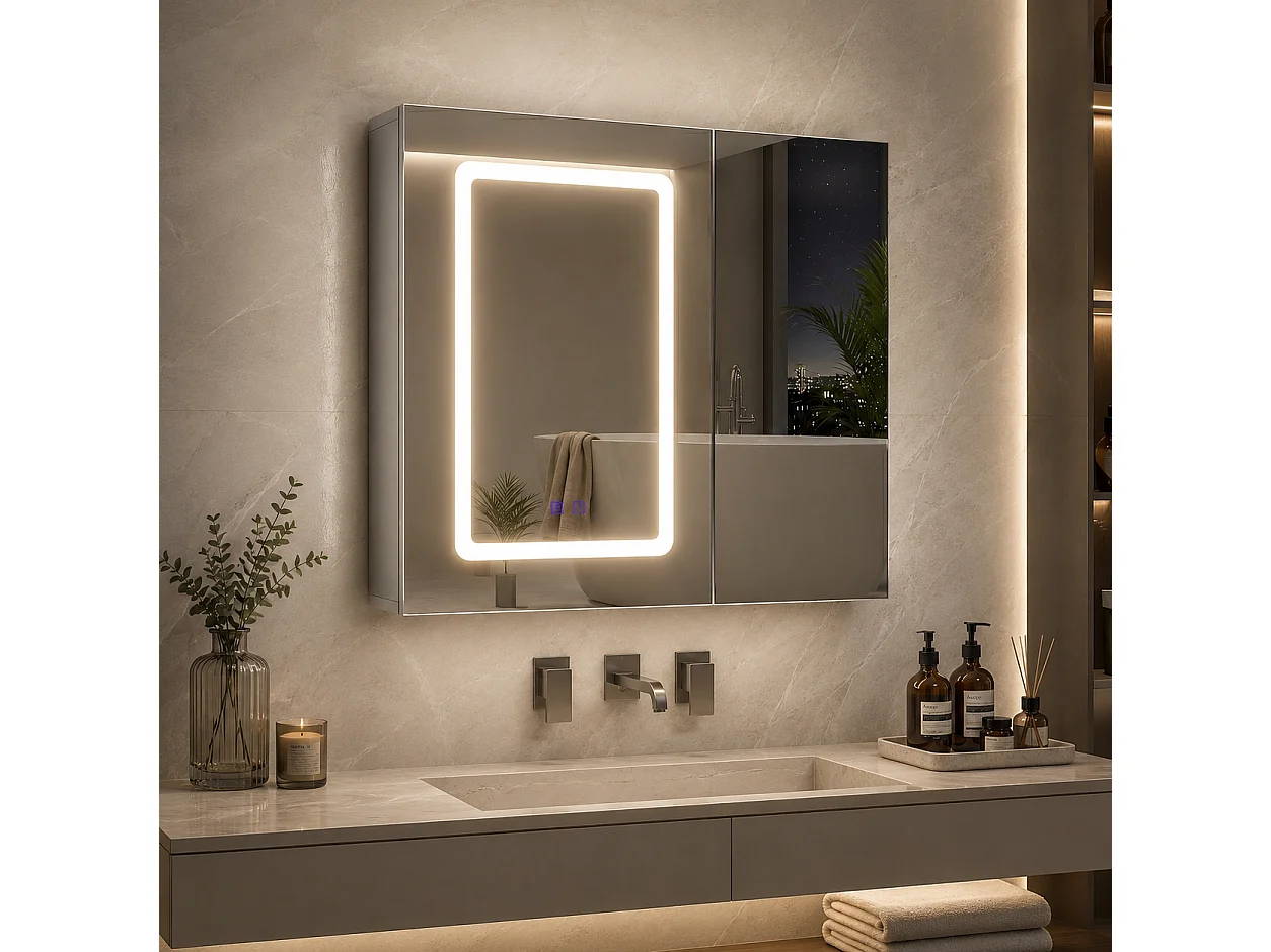 Armoire de Salle de Bain avec Miroir, 2 Porte et LED,  Anti-buée, 3 Étagère réglable, 70x60x13.5cm