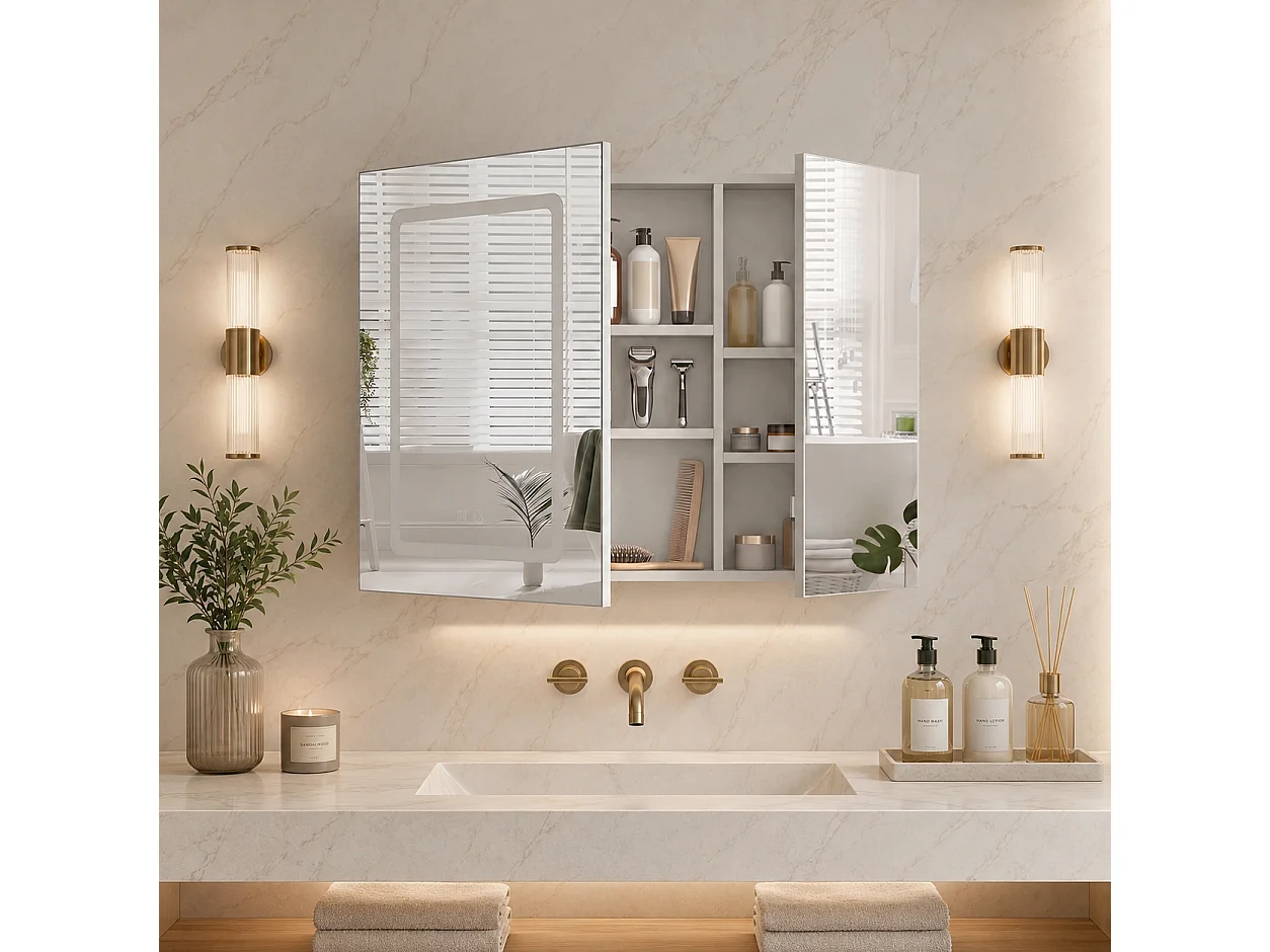 Armoire de Salle de Bain avec Miroir, 2 Porte et LED,  Anti-buée, 3 Étagère réglable, 70x60x13.5cm