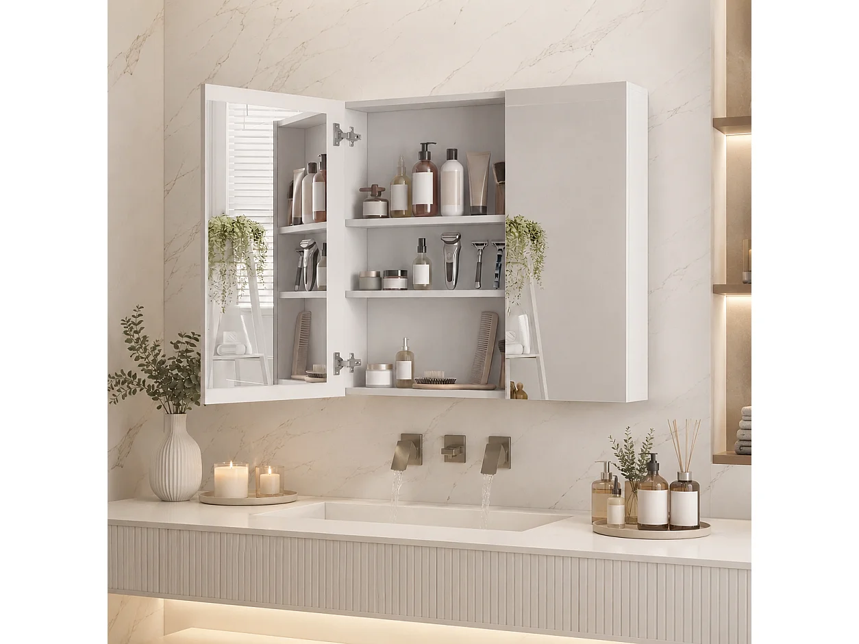 Armoire de Salle de Bain avec Miroir, 2 Porte et LED,  Anti-buée, 3 Étagère réglable, 70x60x13.5cm