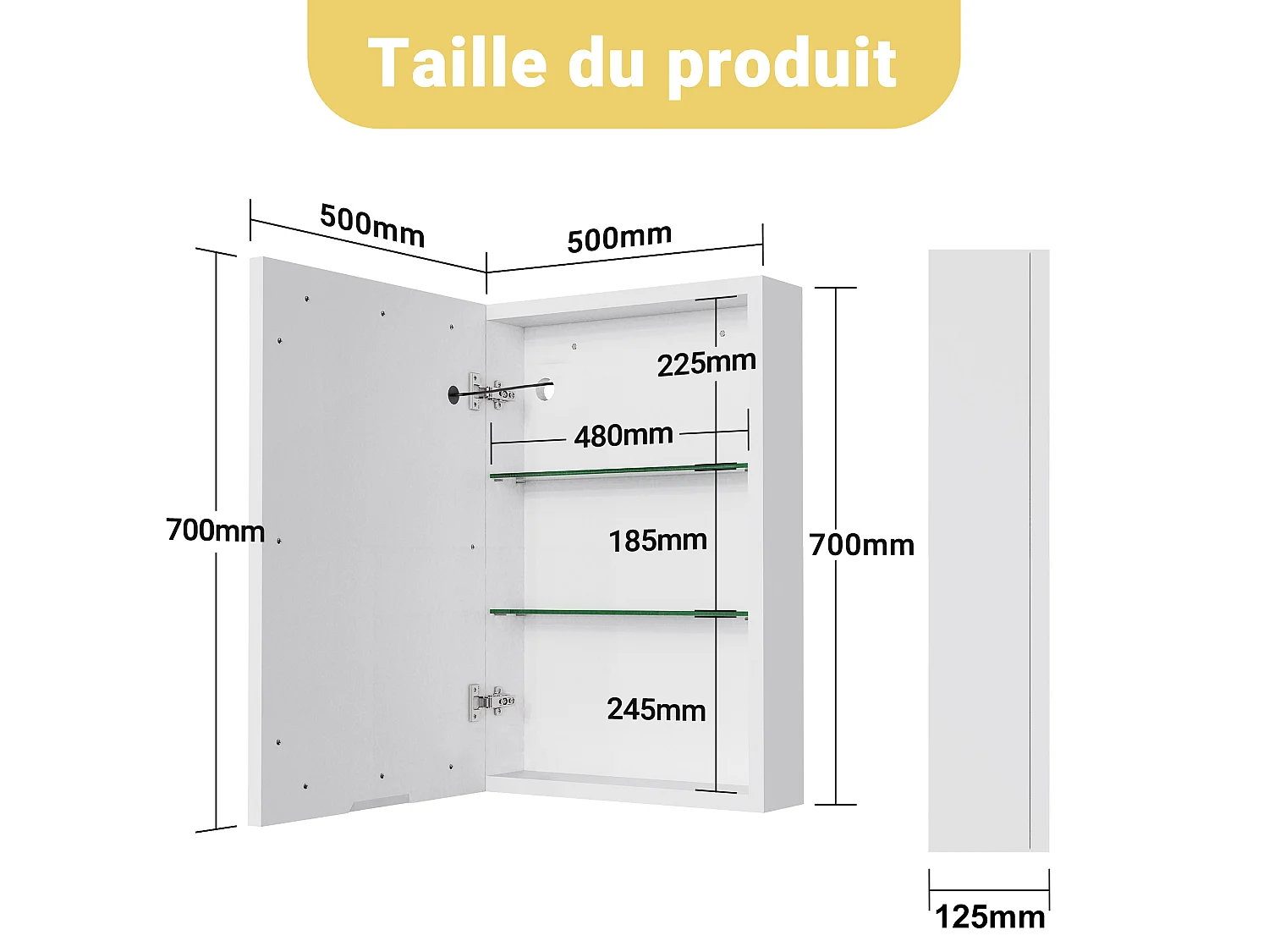 Armoire de salle de bain avec miroir et éclairage LED, 50x70x12.5, Espace de Rangement, anti-buée