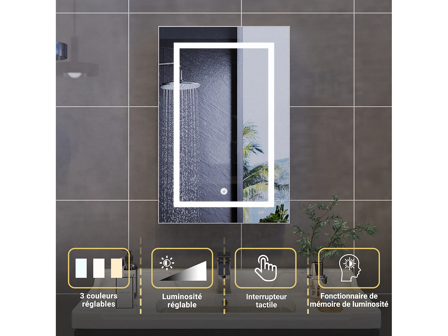 Armoire de salle de bain avec miroir et éclairage LED, 50x70x12.5, Espace de Rangement, anti-buée