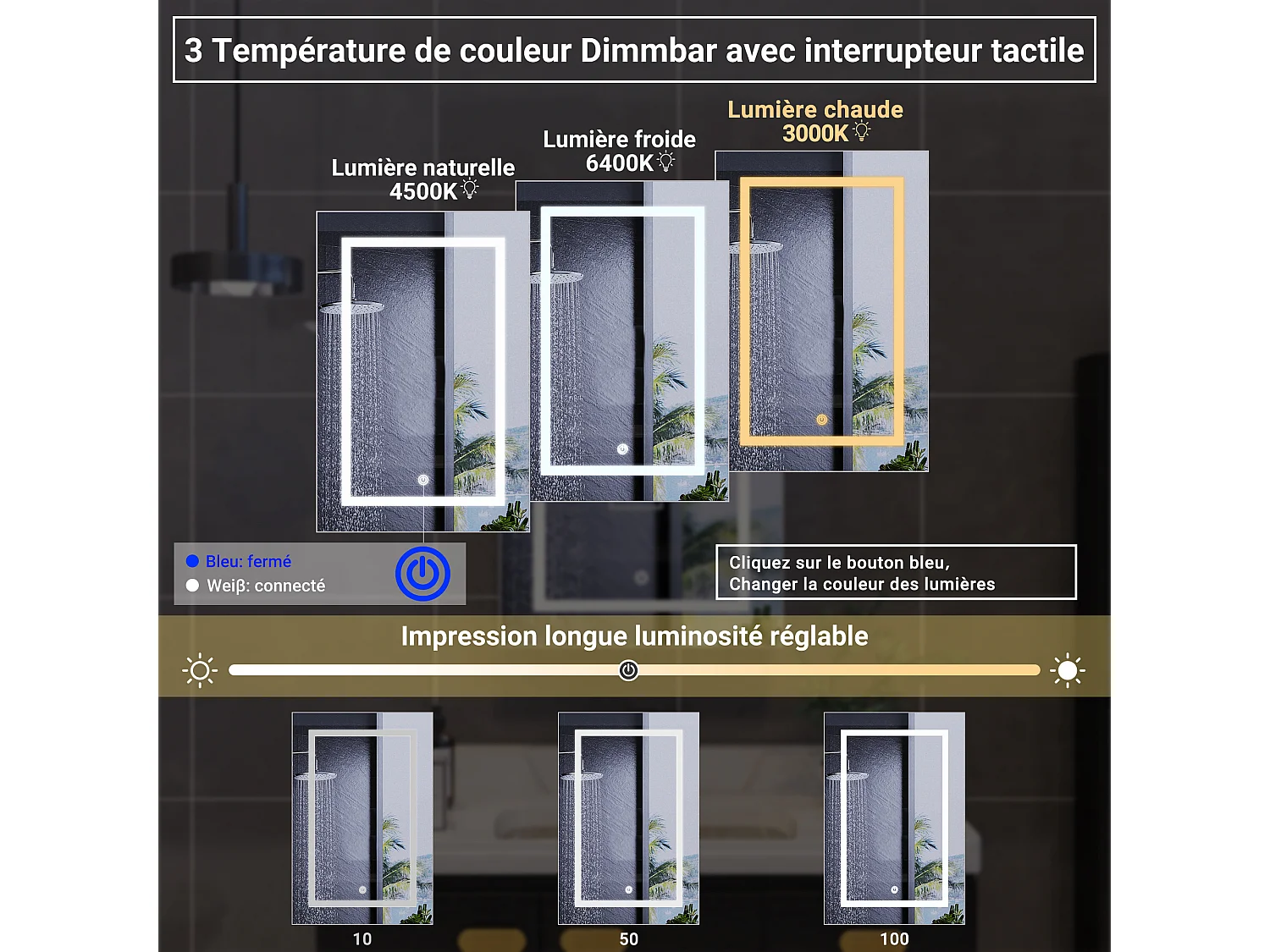 Armoire de salle de bain avec miroir et éclairage LED, 50x70x12.5, Espace de Rangement, anti-buée