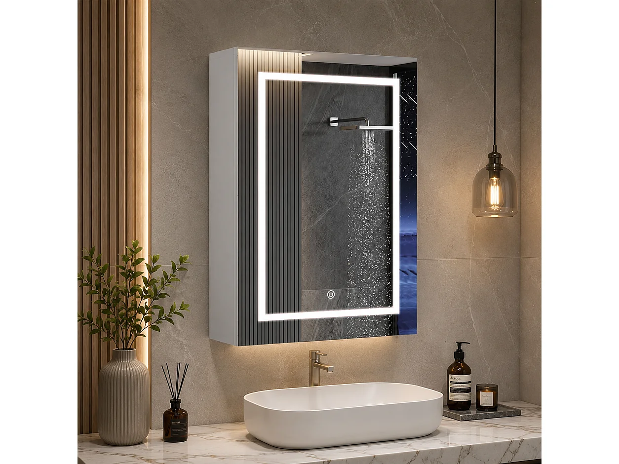Armoire de salle de bain avec miroir et éclairage LED, 50x70x12.5, Espace de Rangement, anti-buée
