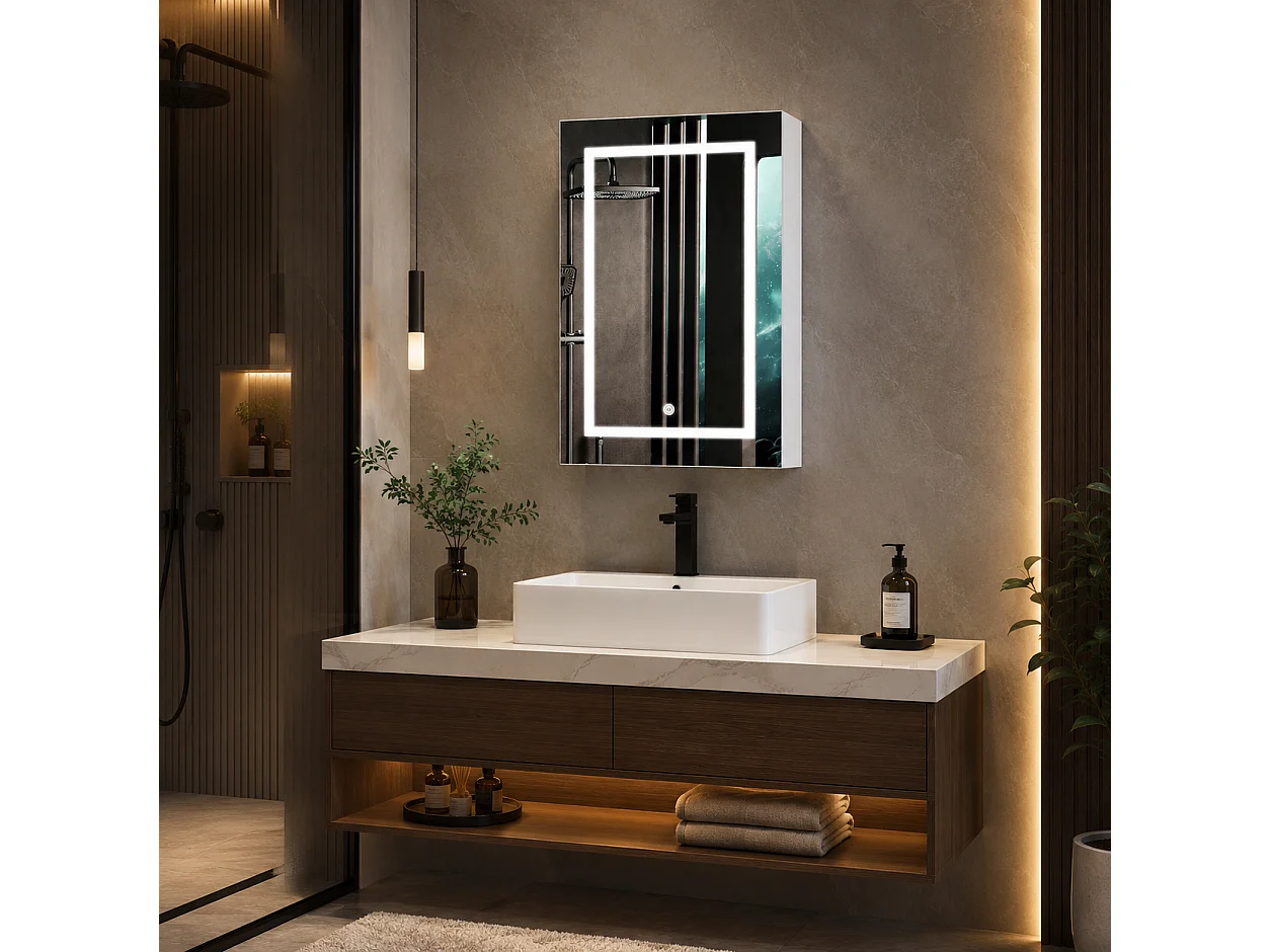 Armoire de salle de bain avec miroir et éclairage LED, 50x70x12.5, Espace de Rangement, anti-buée