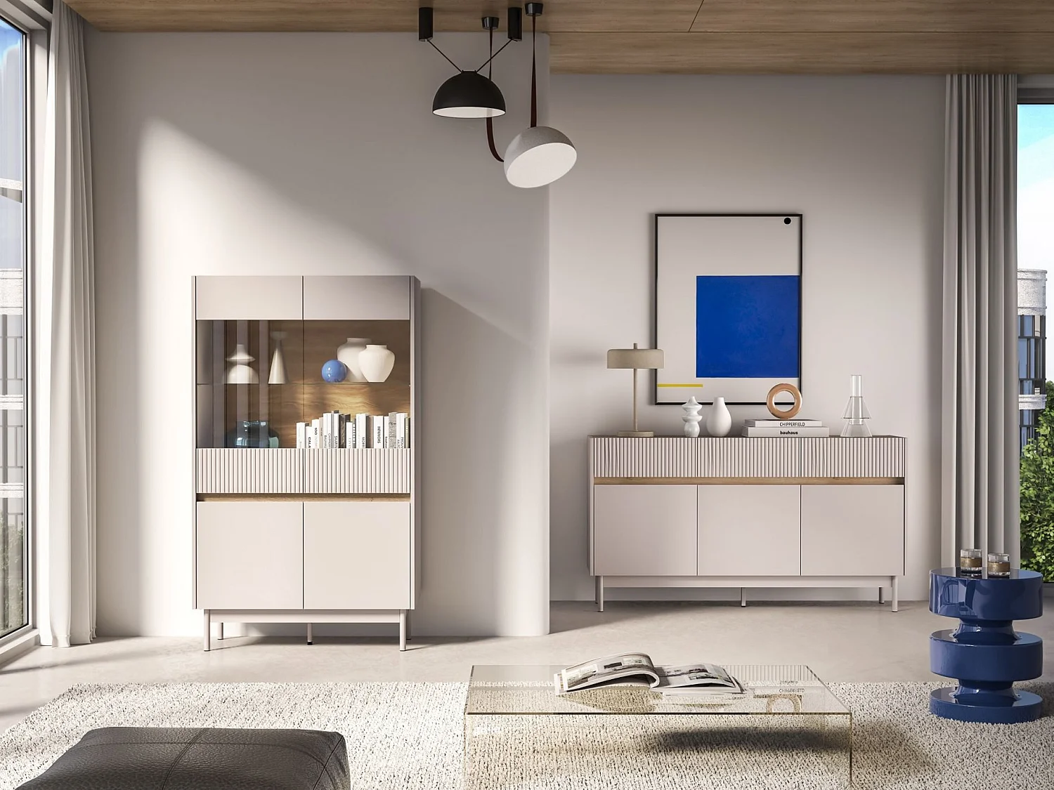 Vitrine 4-türig – Glasfront & LED – Kaschmirgrau/Eichenoptik – 92 cm – DUNEA
